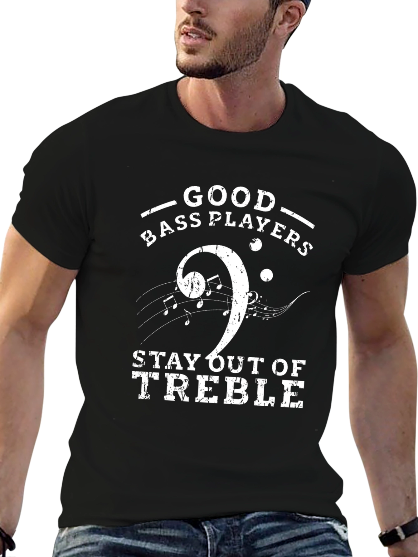 Black Good Bass Players T-Shirt - Stay Out of Treble Tee view 6