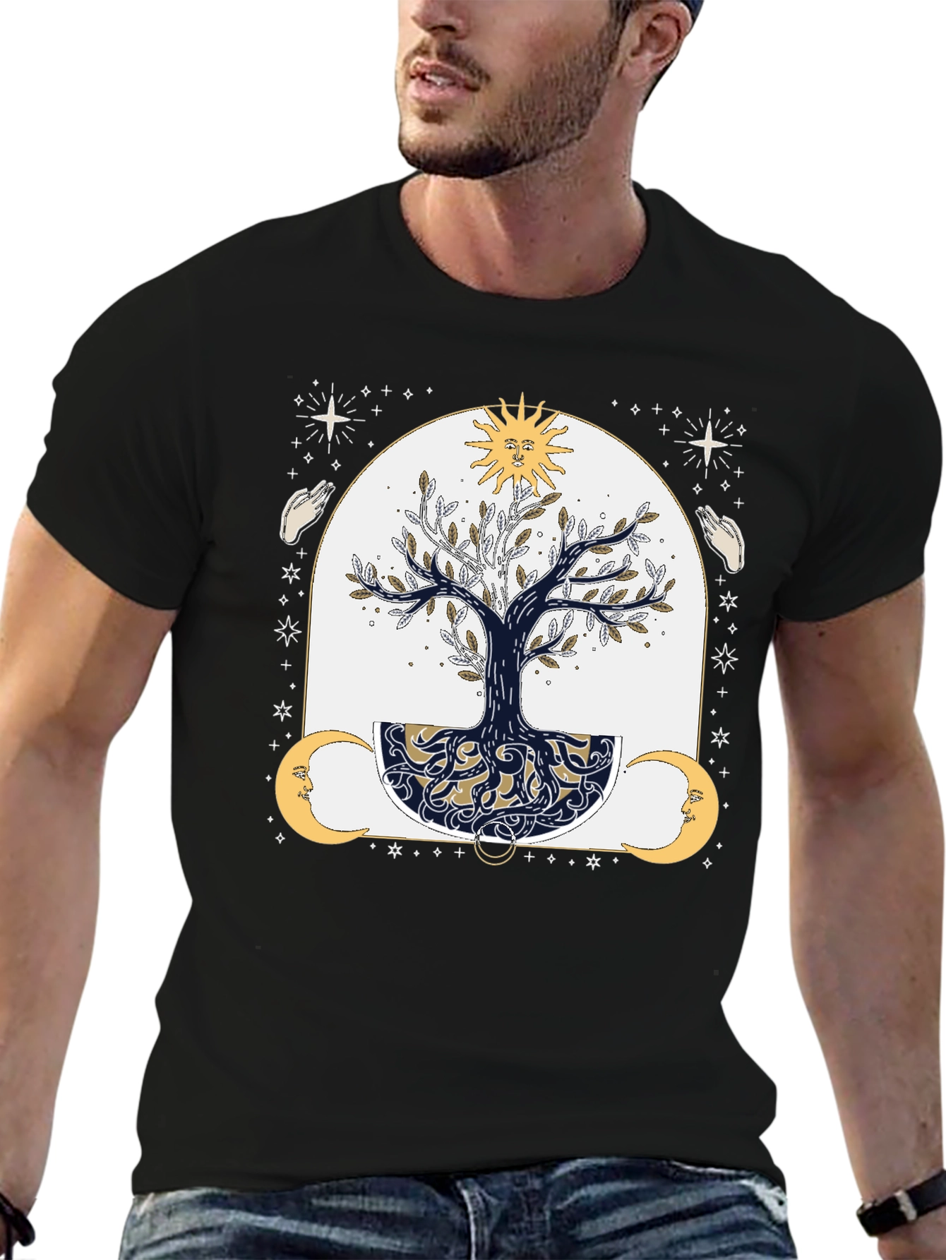 Black Mystic Tree Graphic Tee - Sun, Moon, and Stars view 6