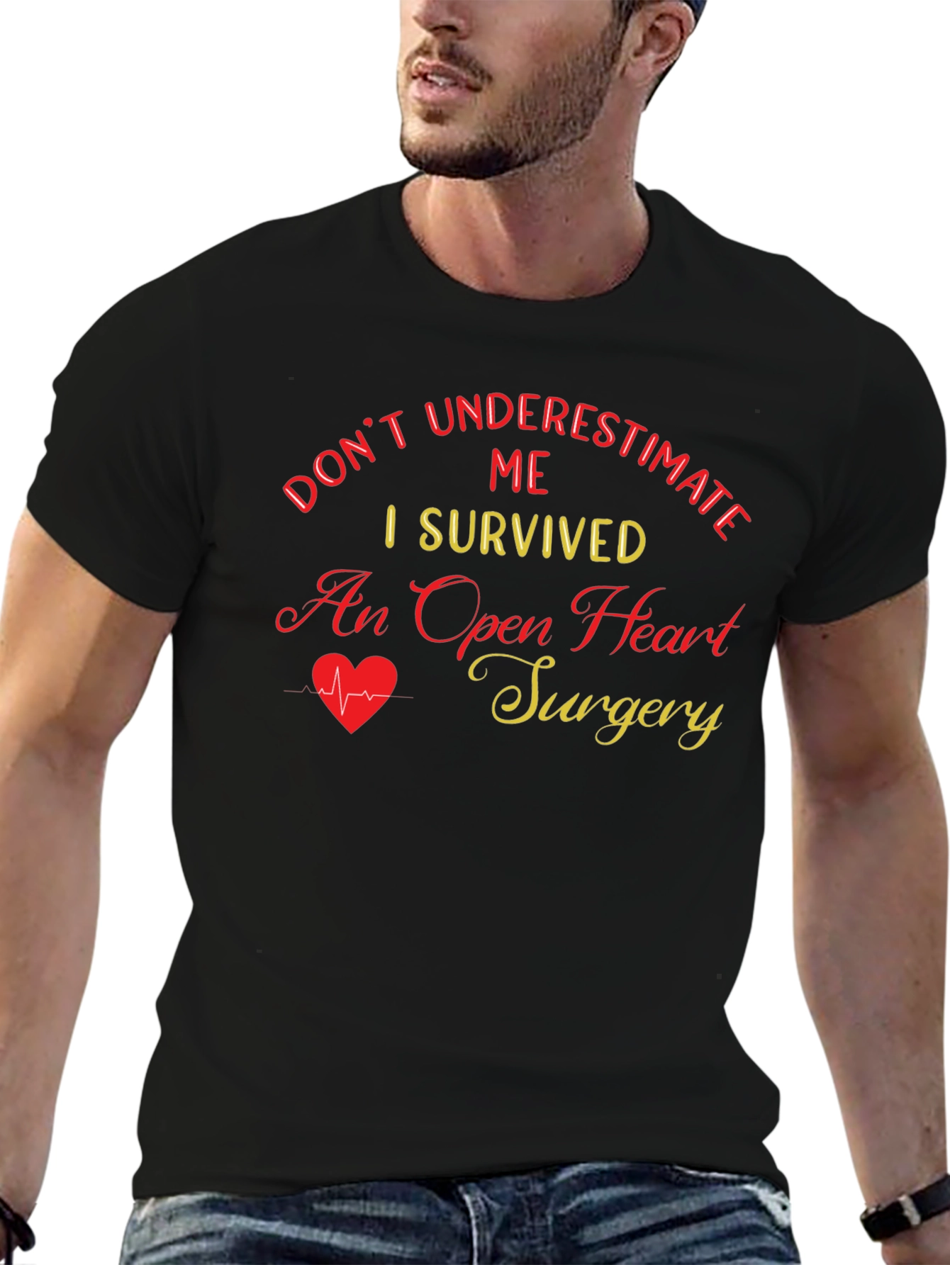 Black I Survived Open Heart Surgery Black T-Shirt view 6