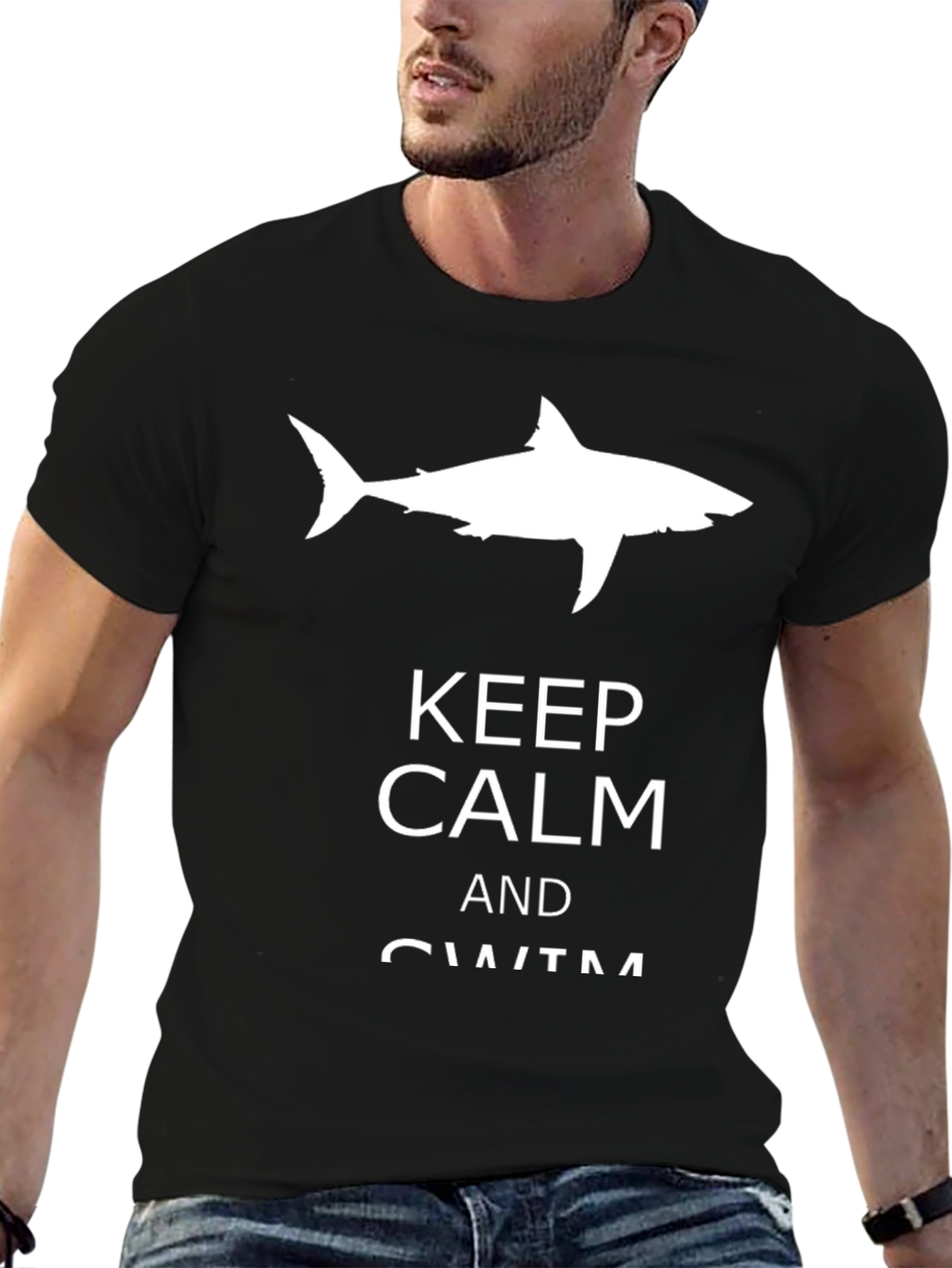 Black Keep Calm and Swim Black T-Shirt with Shark view 6