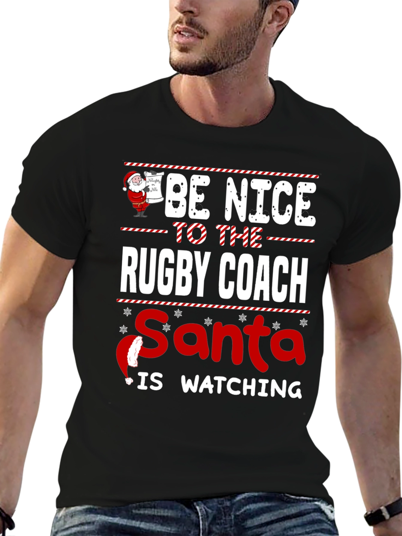 Black Be Nice to The Rugby Coach Santa is Watching T-Shirt view 6