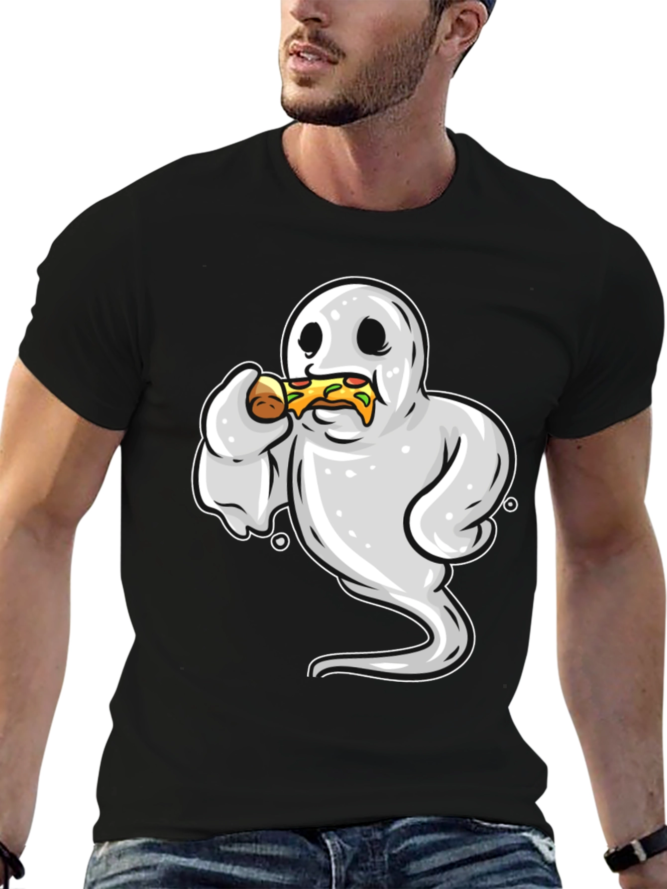 Black Ghost Eating Pizza Funny Graphic Tee view 6