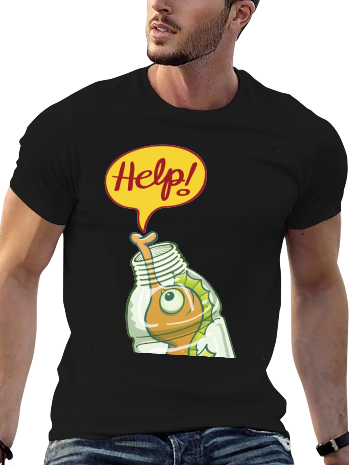 Black Help! Cartoon Fish in Bottle Graphic T-Shirt view 6
