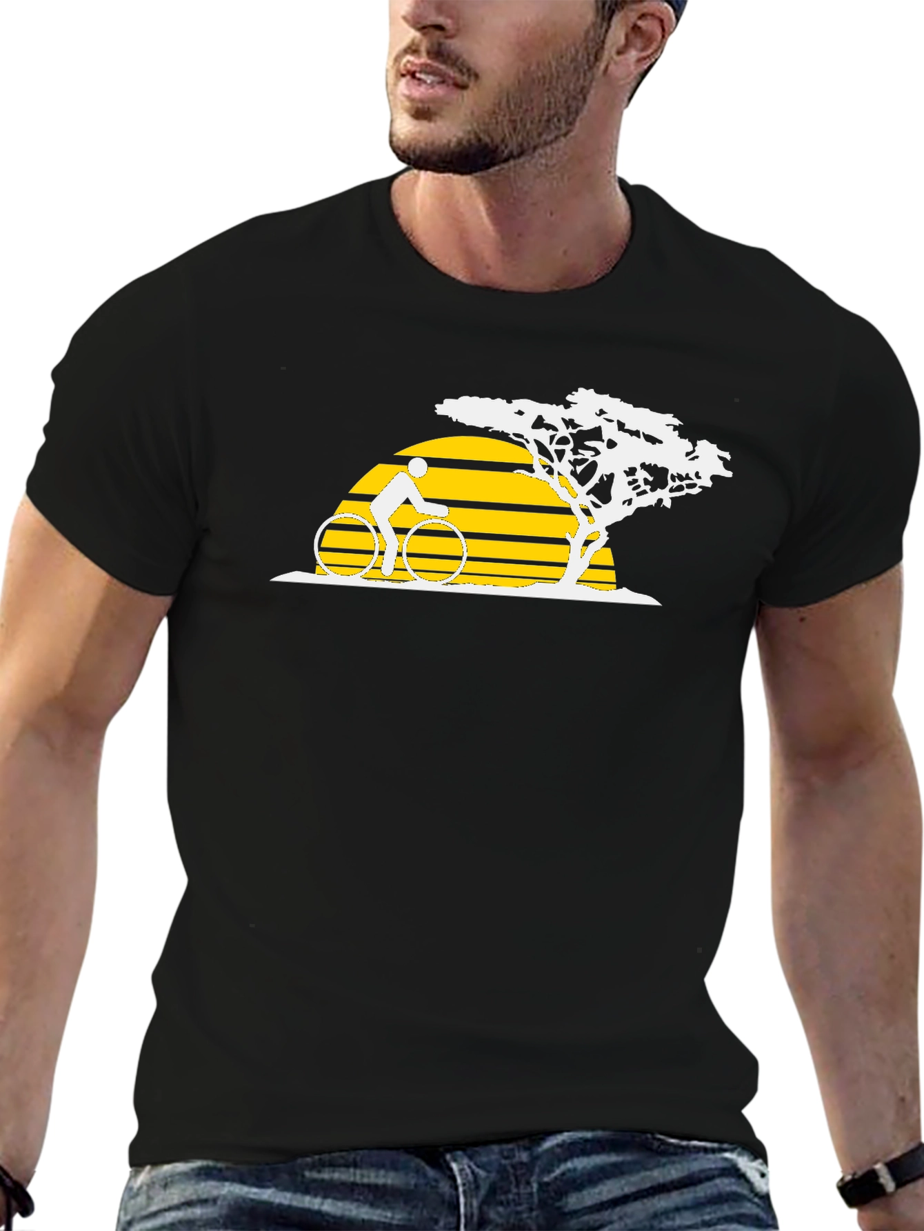 Black Cyclist Sunset Graphic Tee - Black Cotton T-Shirt view 6