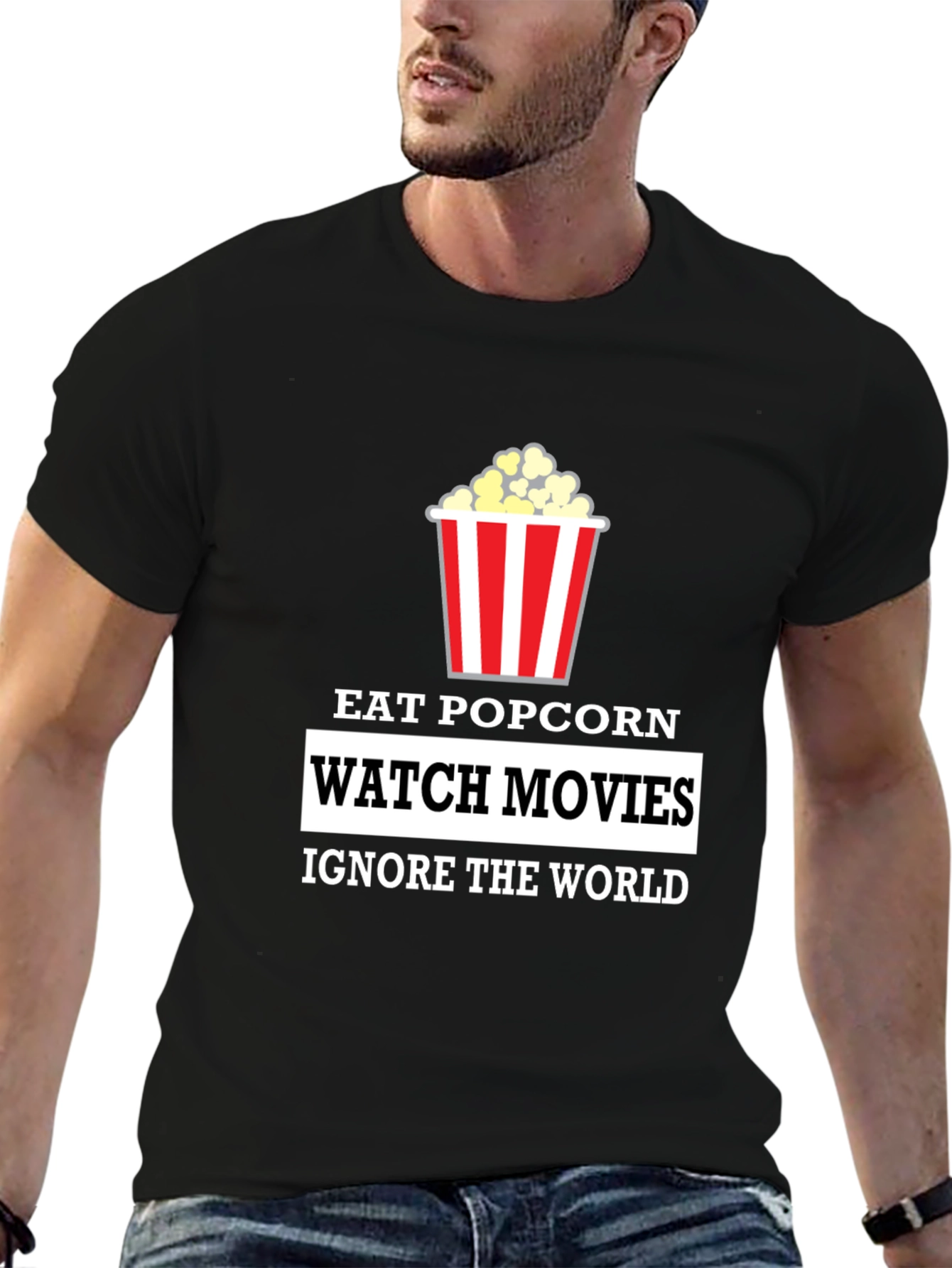 Black Eat Popcorn Watch Movies T-Shirt view 6
