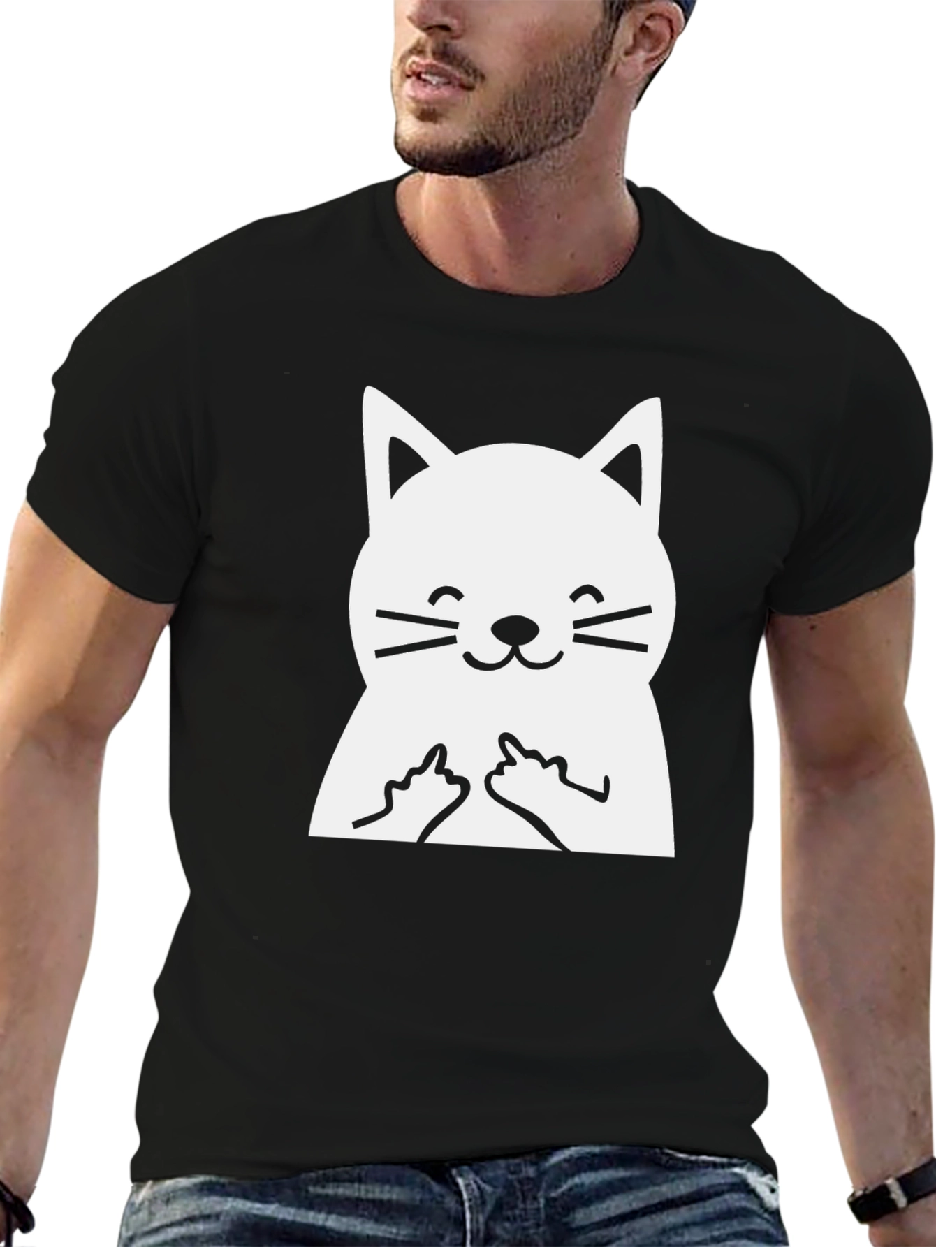 Black Funny Cat Middle Finger Graphic T-Shirt view 6