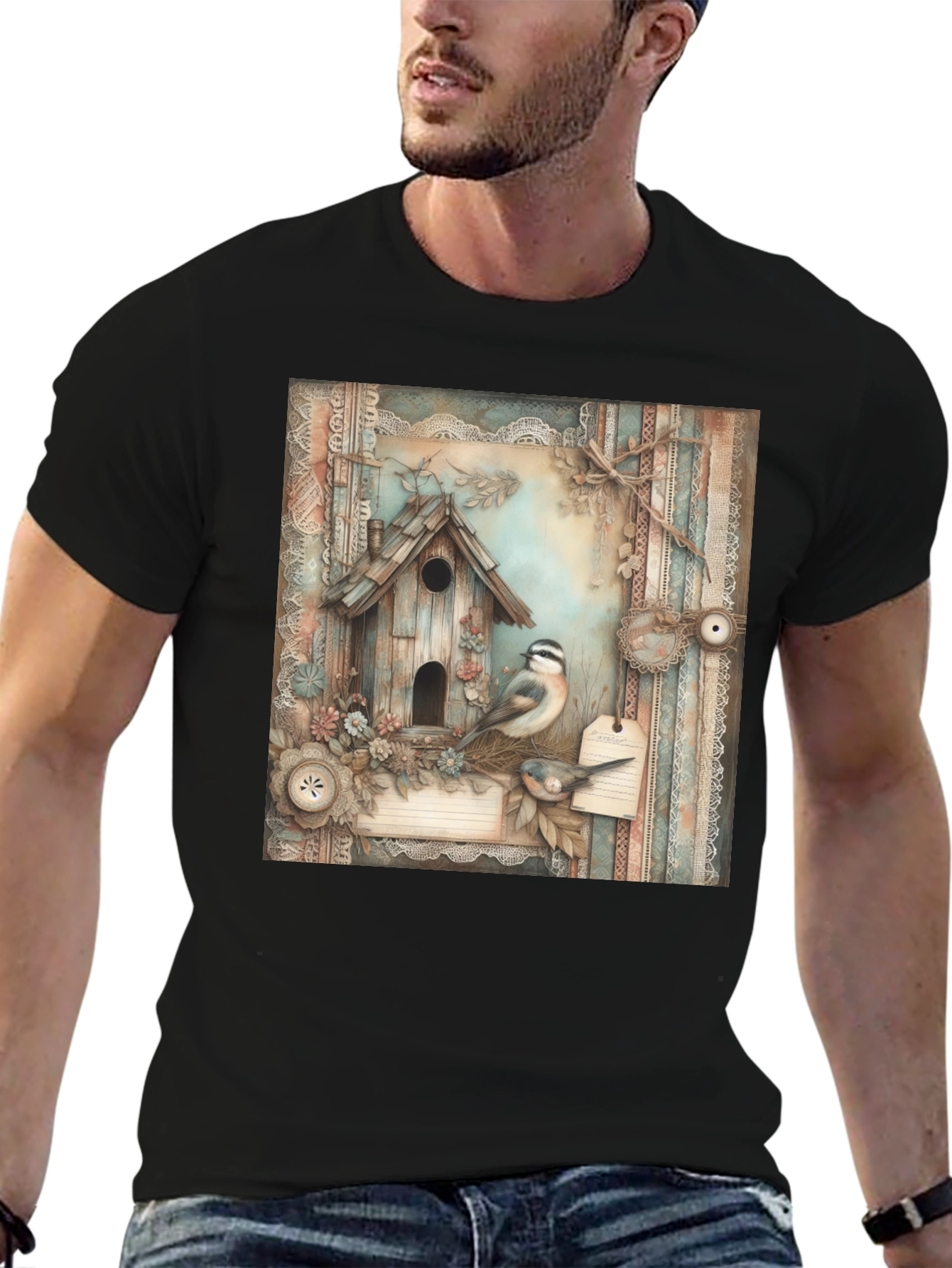Black Rustic Birdhouse & Bird T-Shirt view 6