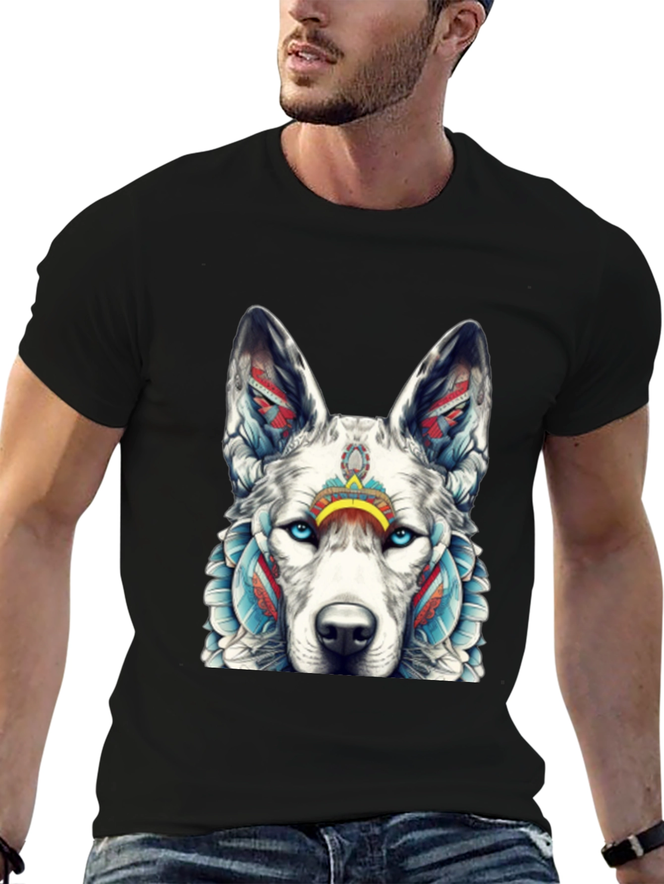 Black Wolf Graphic Tee - Tribal Style T-Shirt view 6
