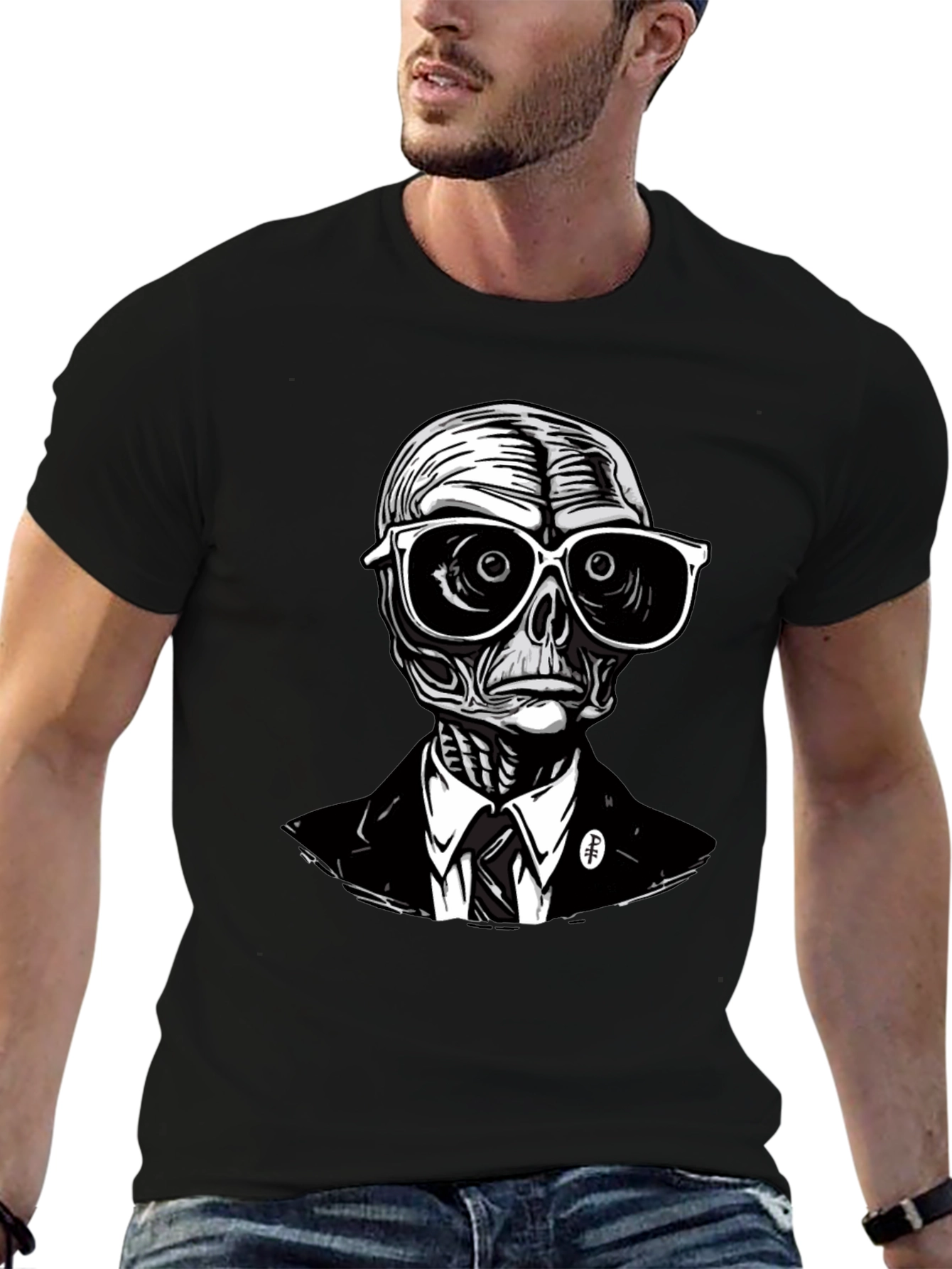 Black Skeleton in Suit Graphic Tee - Unique Design view 6
