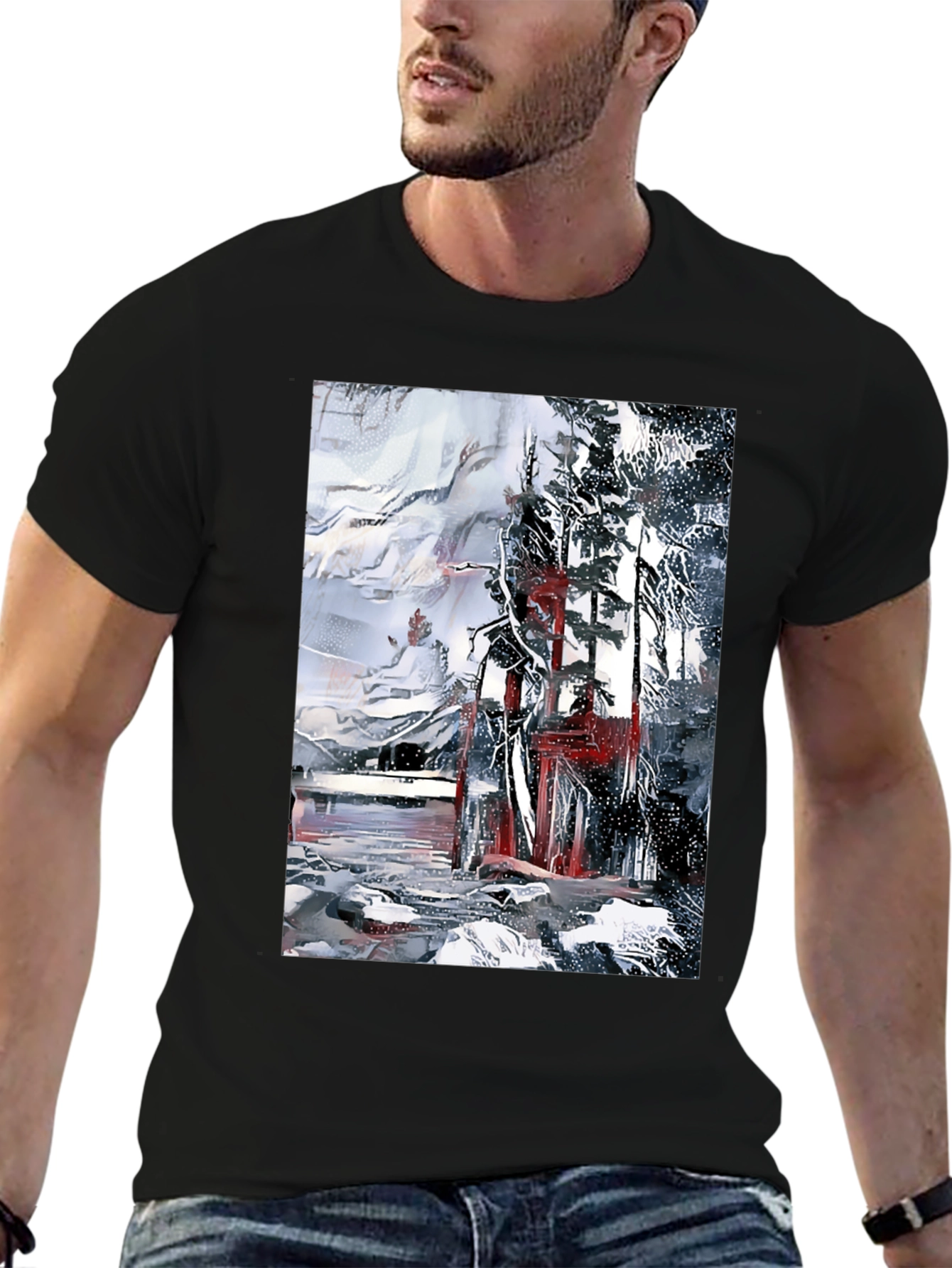 Black Abstract Winter Scene Black T-Shirt view 6