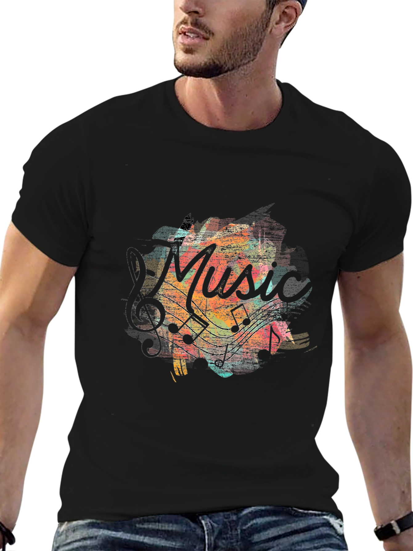 Black Music Notes Graphic Tee - Stylish Unisex Black T-Shirt view 6