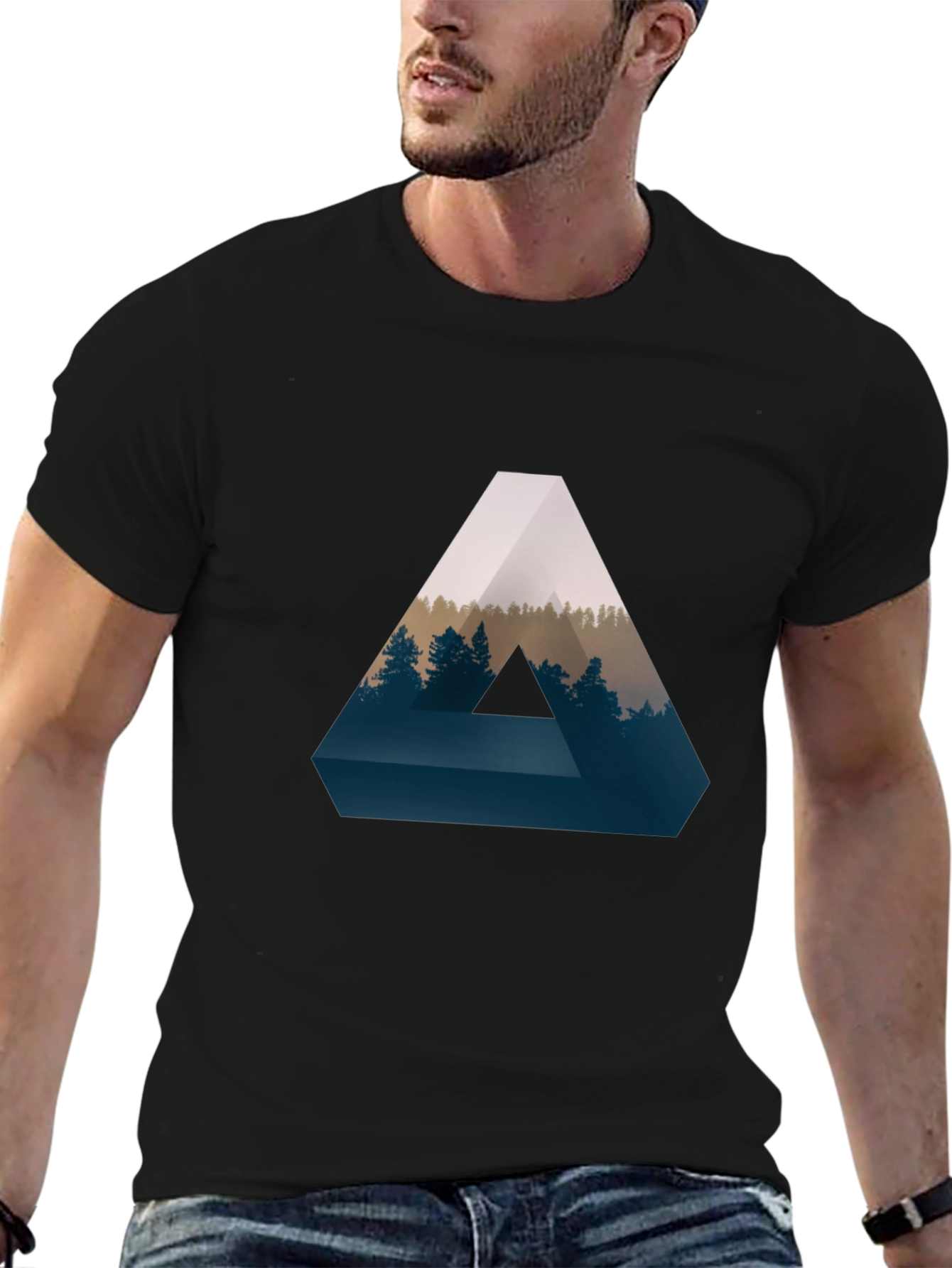 Black Geometric Forest Print T-Shirt - Stylish and Unique view 6