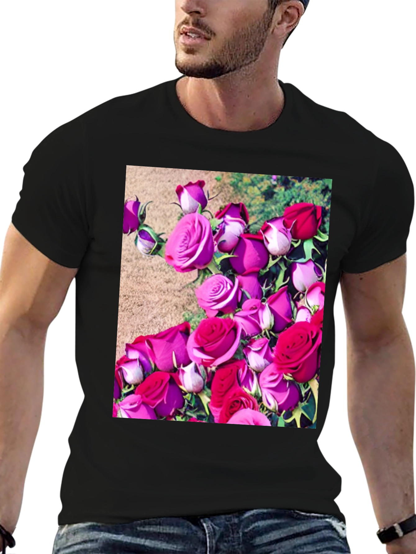 Black Floral Print T-Shirt: Roses Graphic Tee view 6