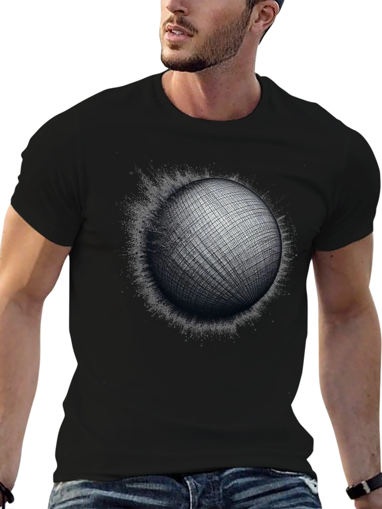 Black Abstract Sphere Graphic Tee - Modern Artistic T-Shirt view 6