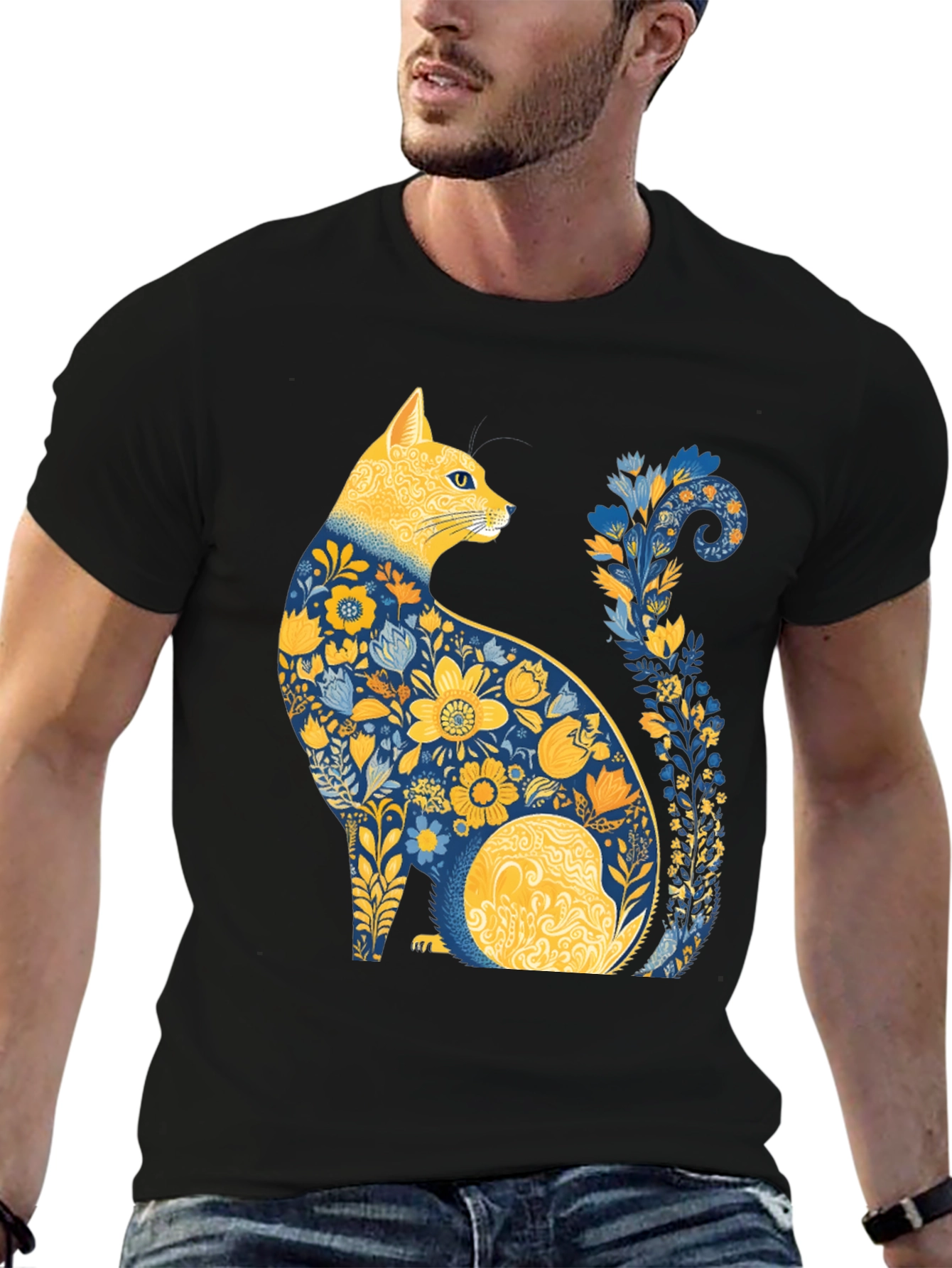 Black Floral Cat T-Shirt - Unique Artistic Design view 6