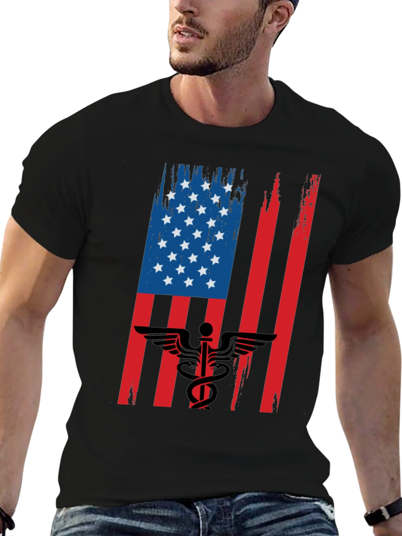Black American Flag Medical Symbol Graphic Tee view 6