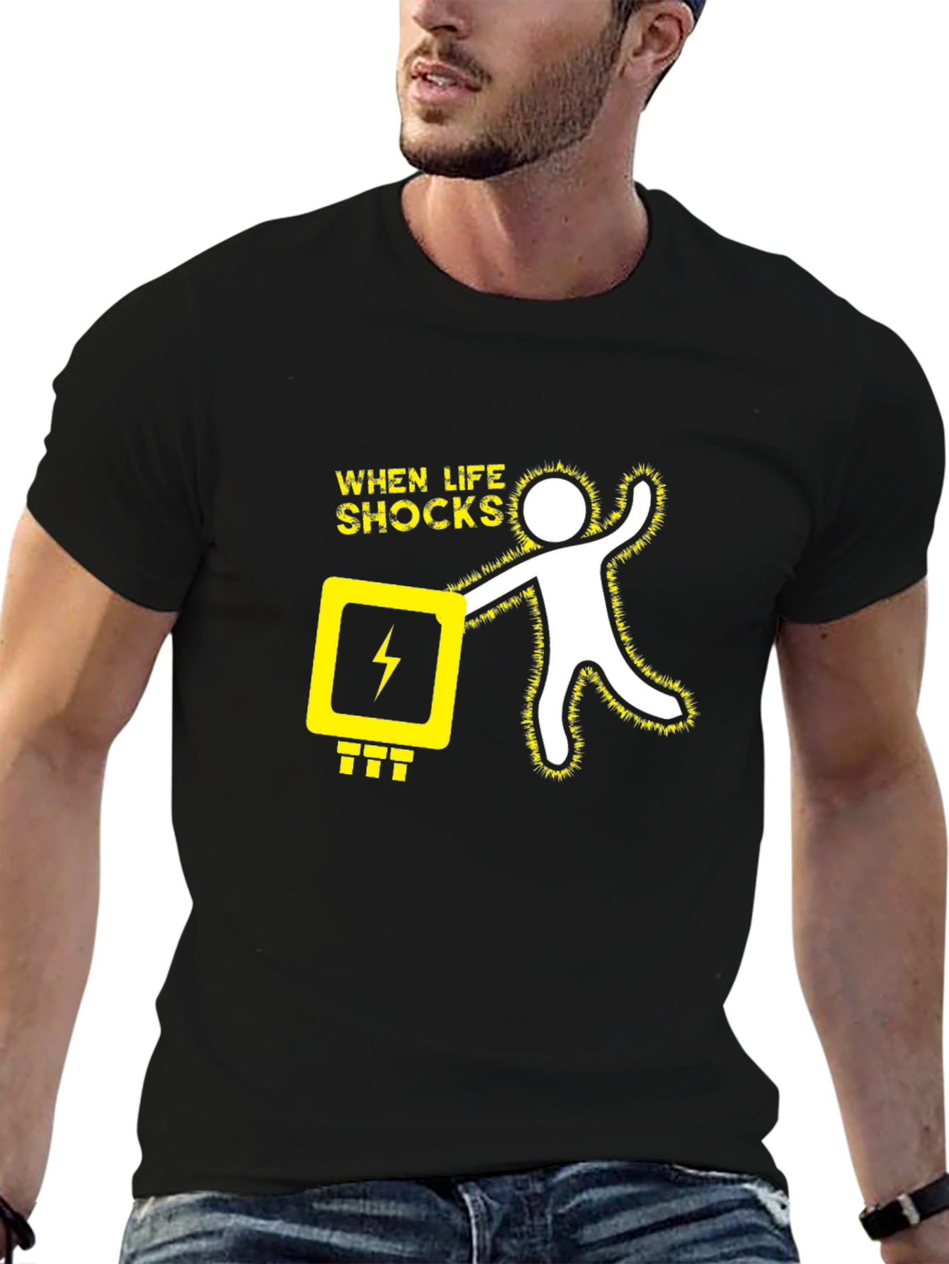 Black When Life Shocks Humor Graphic T-Shirt view 6