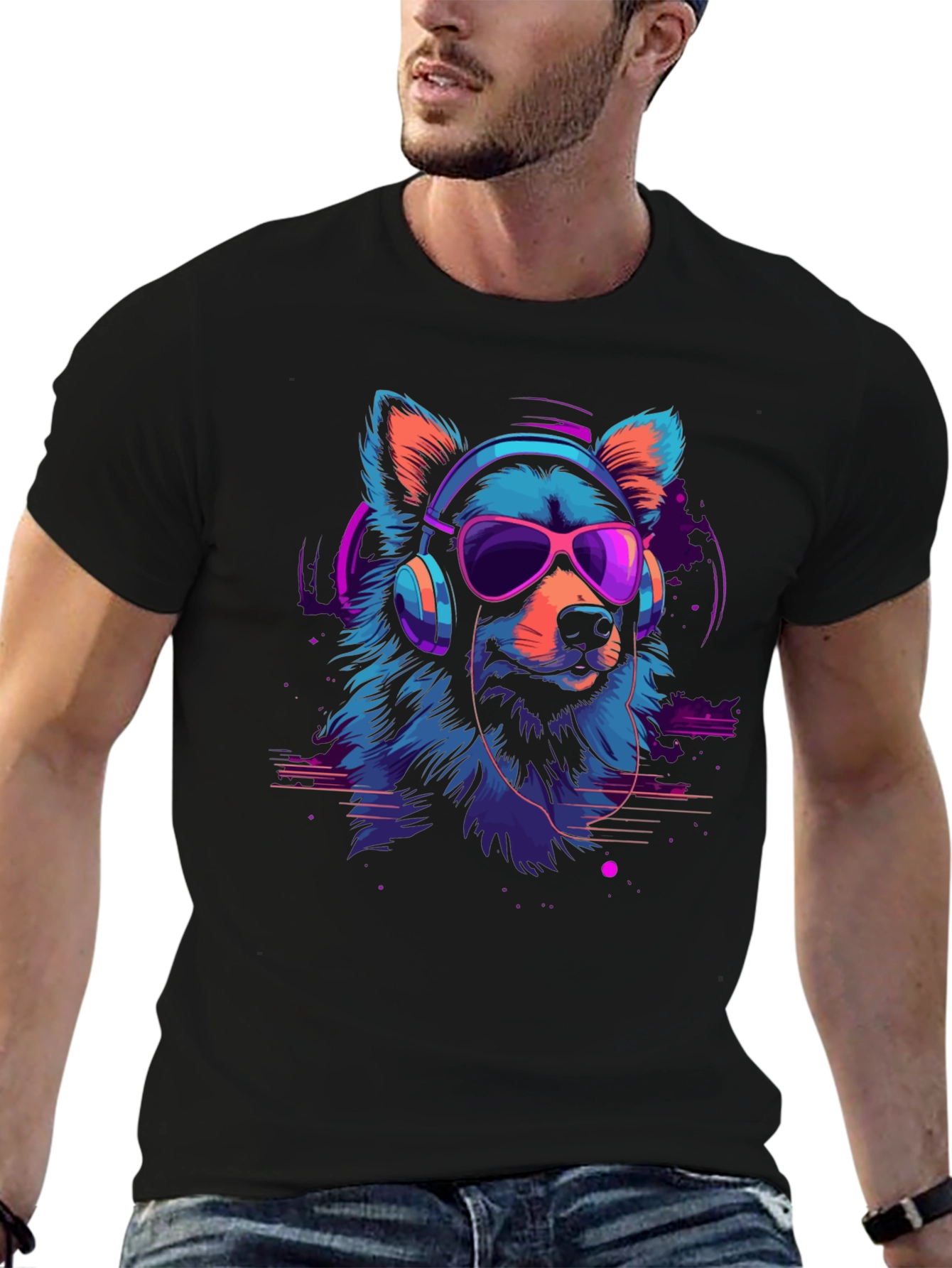 Black Cool Neon Dog Graphic T-Shirt view 6