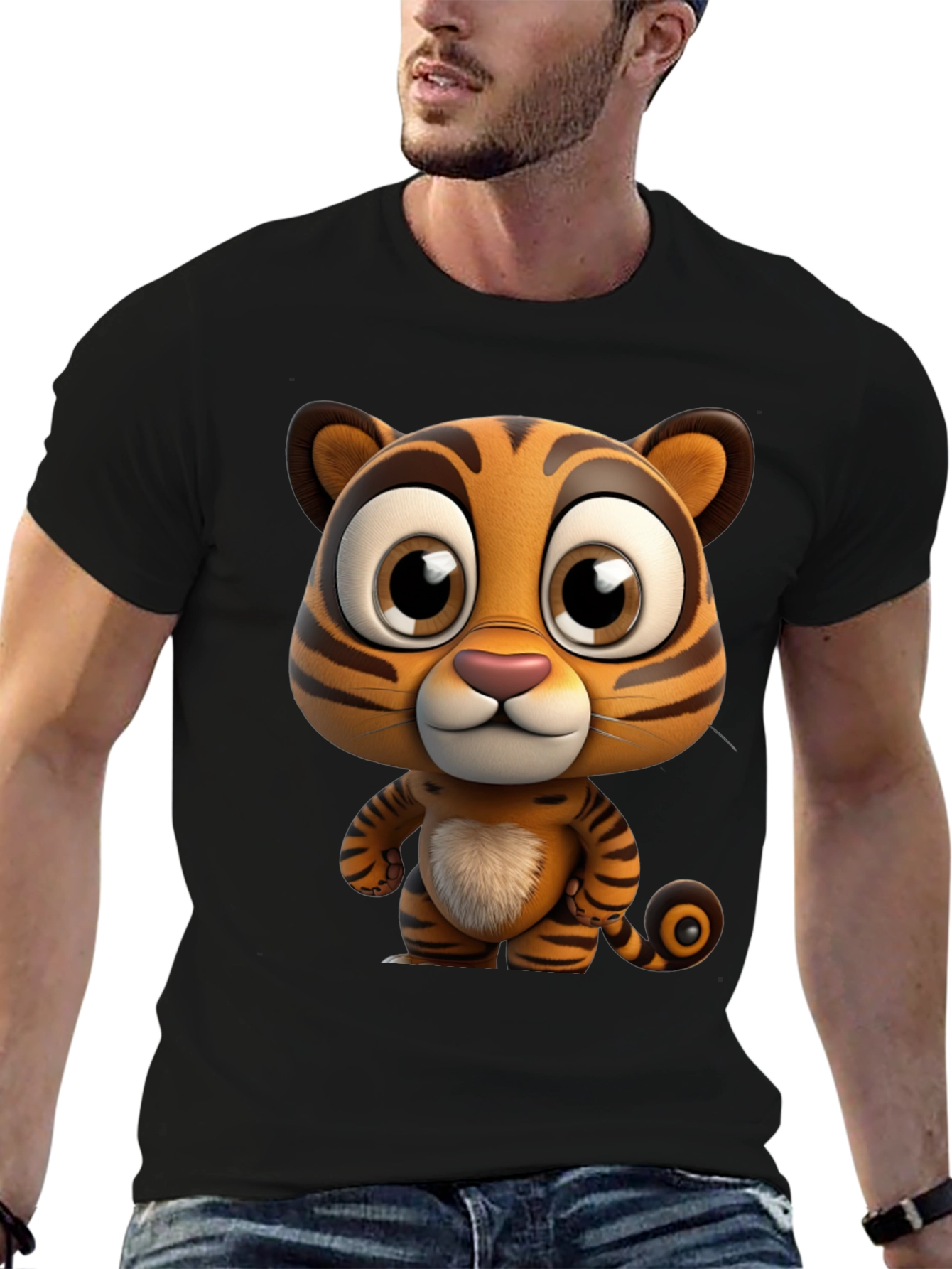 Black Cartoon Tiger Graphic Tee - Soft Black Cotton T-Shirt view 6