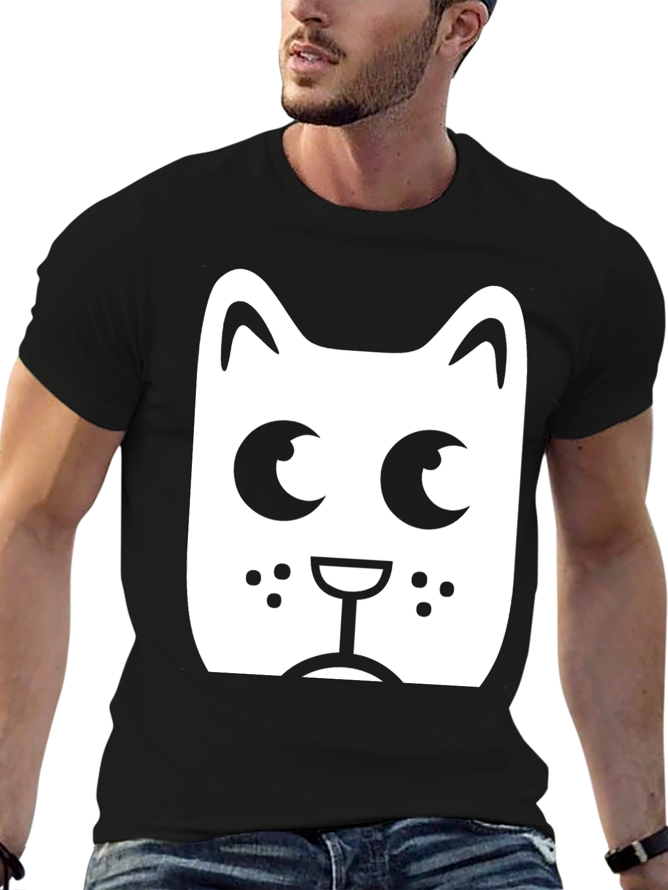 Black Cute Cartoon Cat Face Black T-Shirt view 6