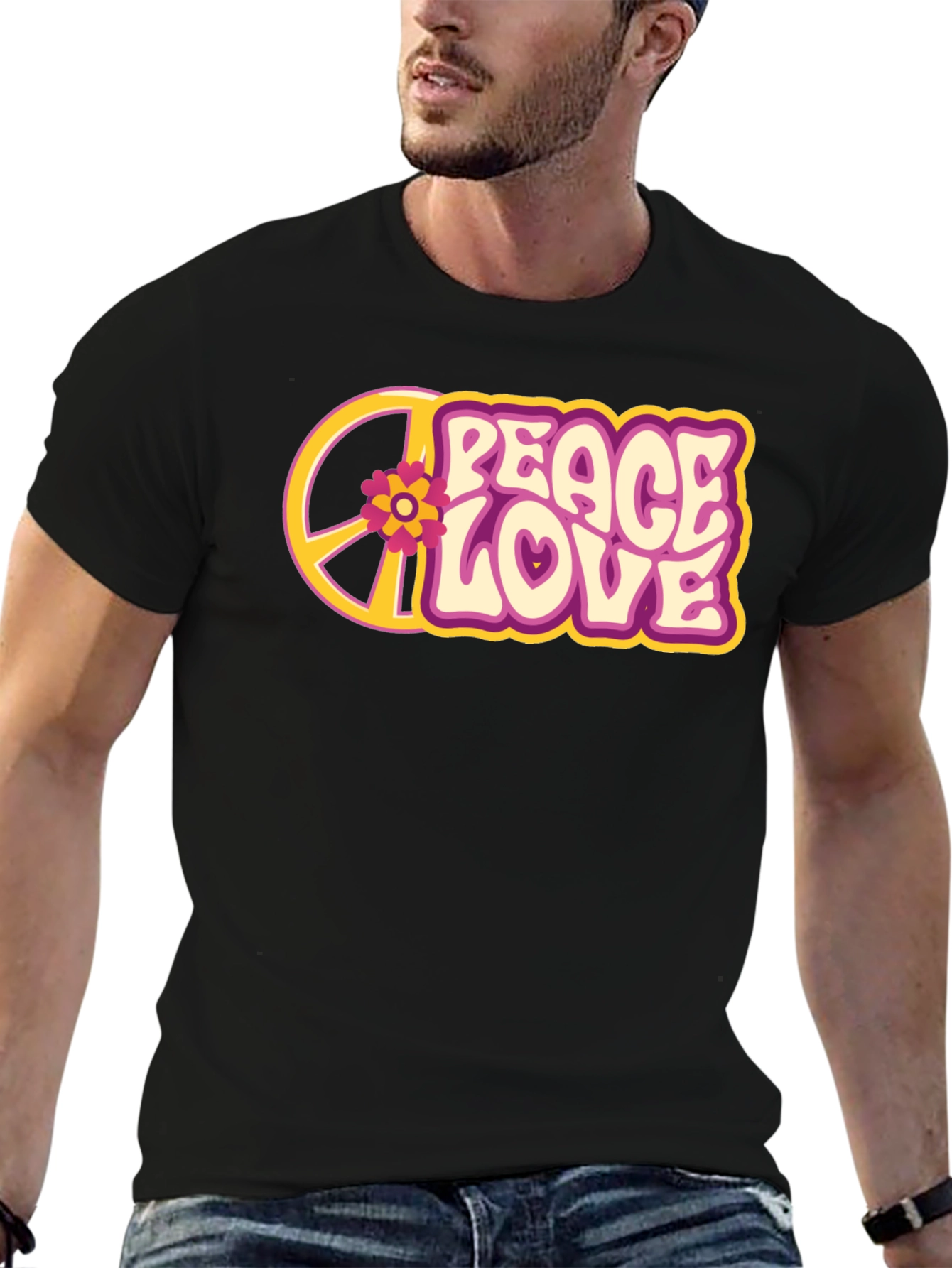 Black Peace Love Flower Graphic Tee - Retro Style view 6