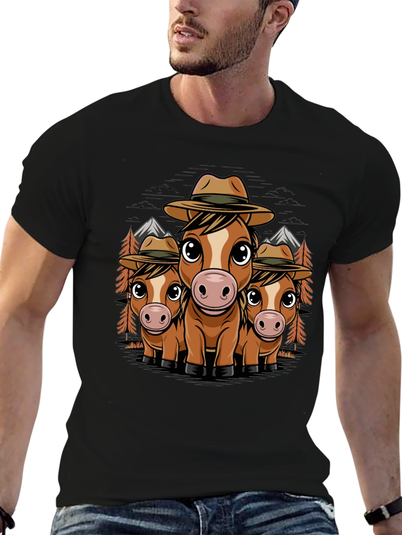 Black Cute Horse Ranger T-Shirt - Black Cotton Tee view 6
