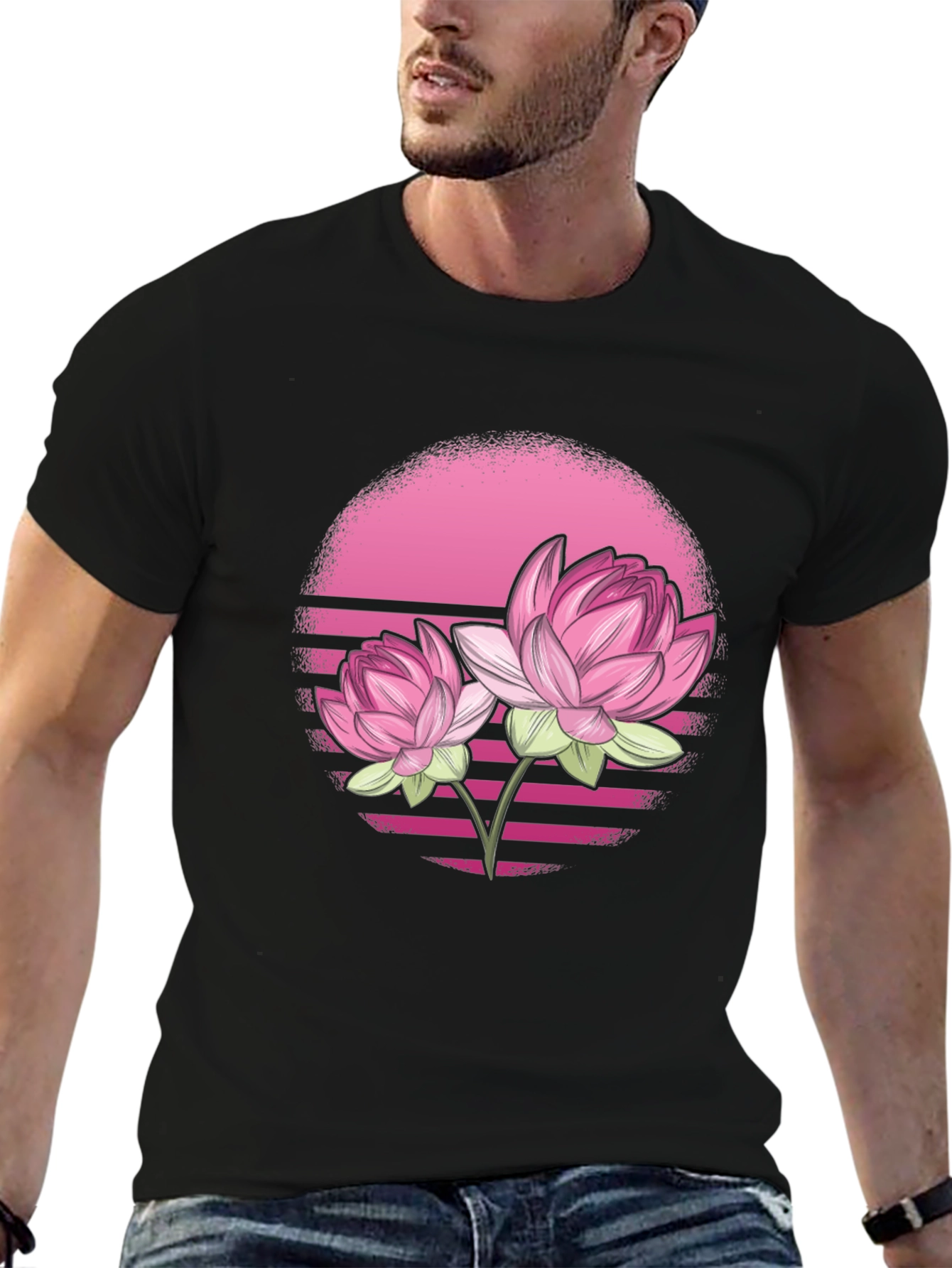 Black Pink Lotus Flower Graphic T-Shirt - Black view 6