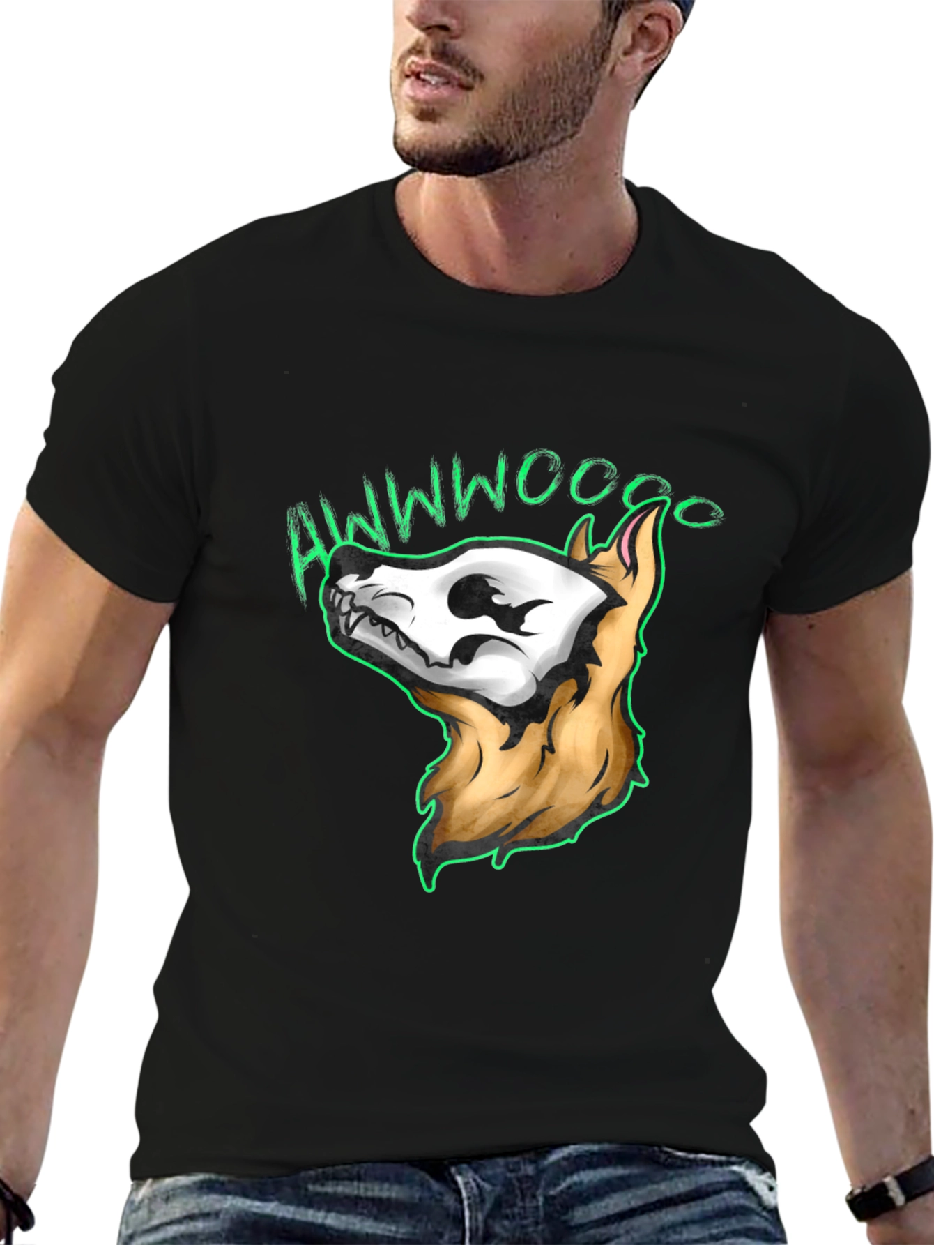 Black Awwwwoooo Skeleton Dog T-Shirt view 6