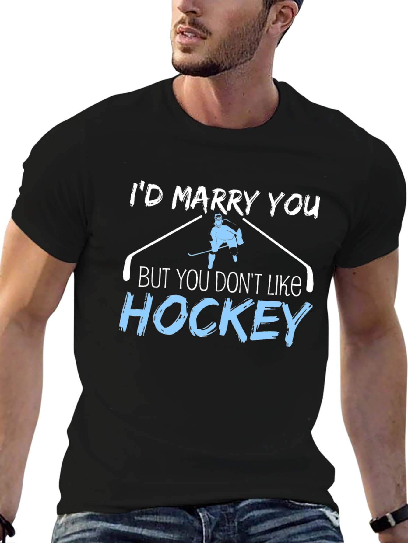 Black Hockey Fan Humor Graphic Tee - I'd Marry You! view 6