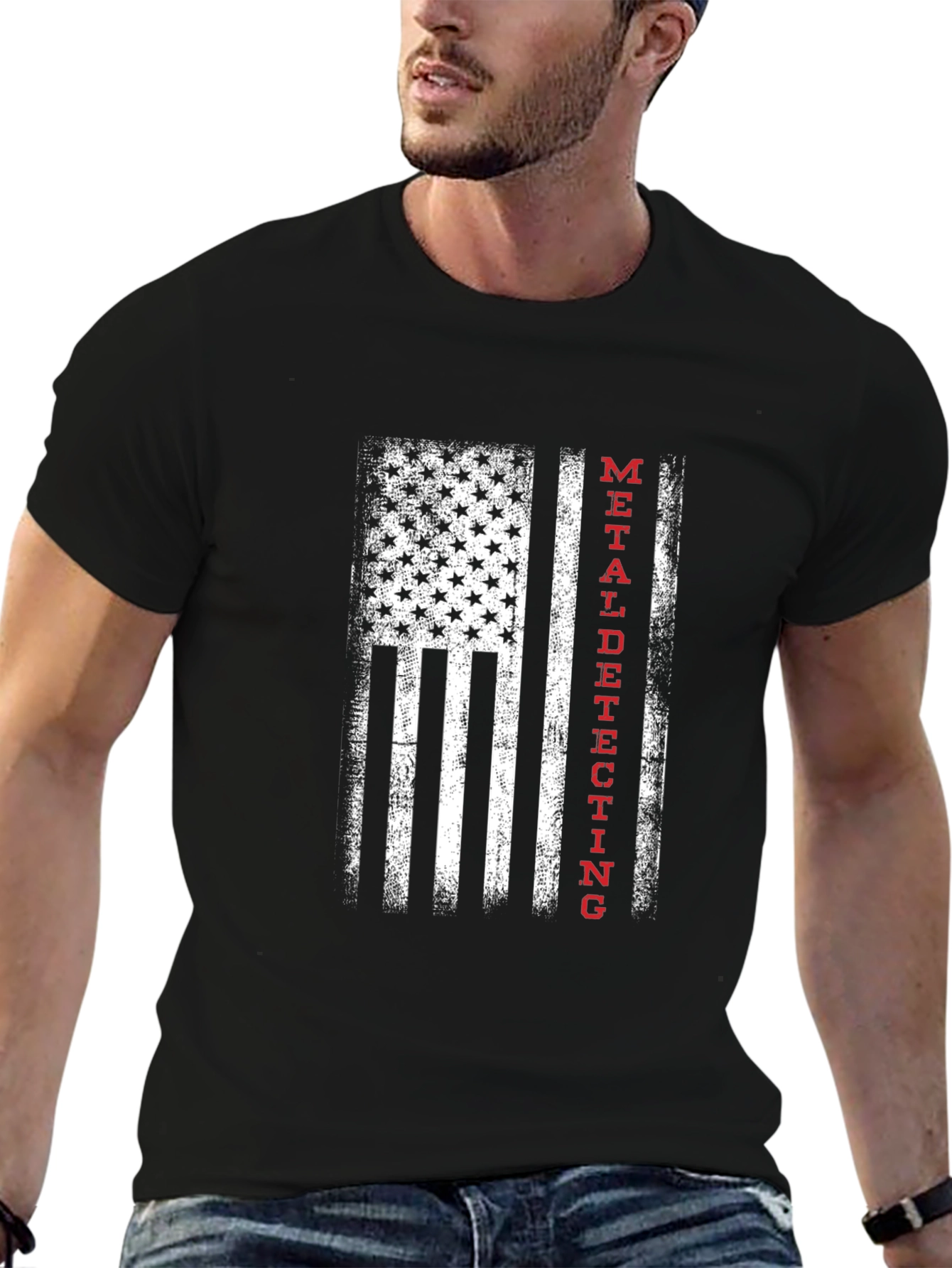 Black Metal Detecting USA Flag T-Shirt view 6
