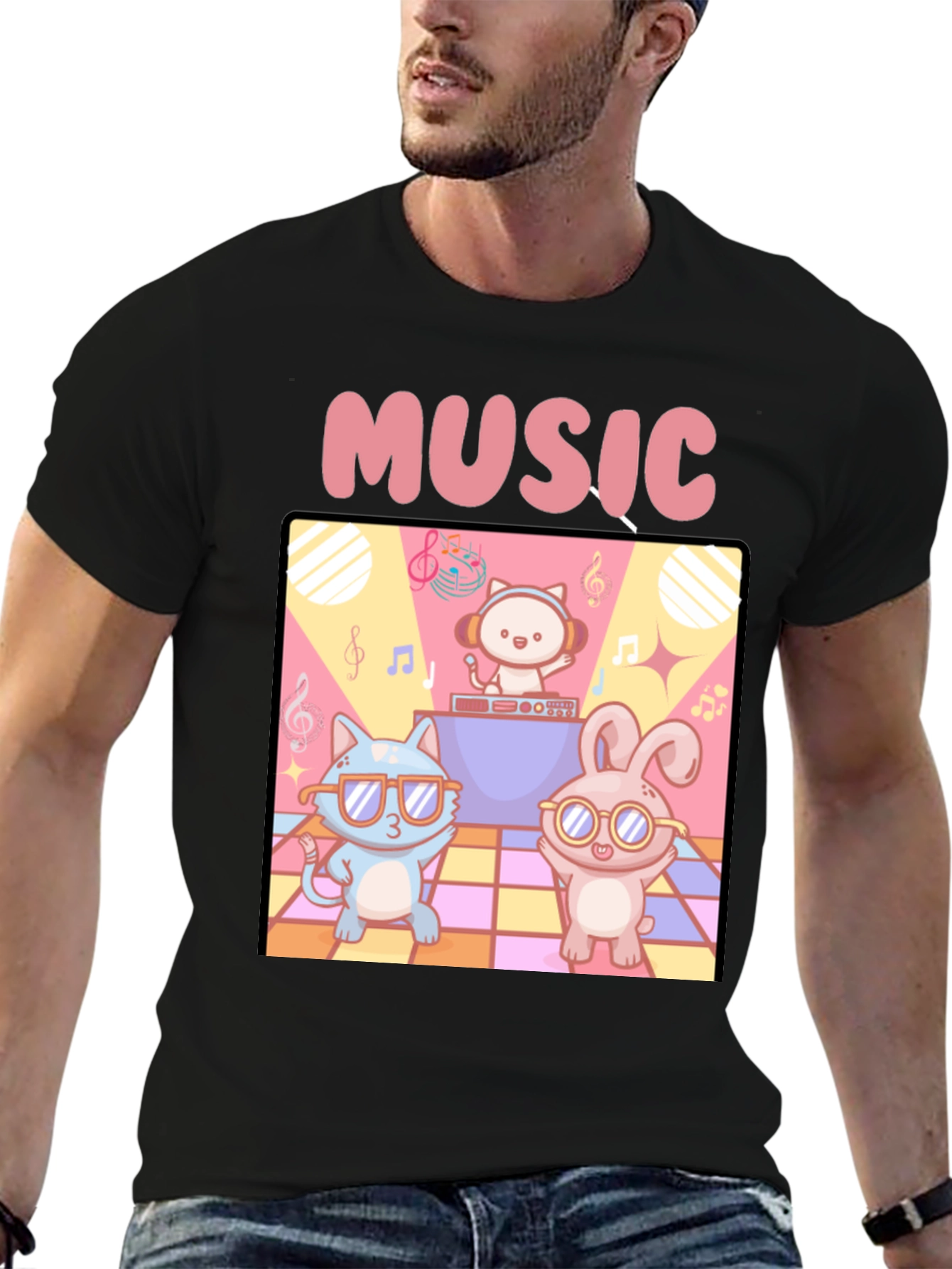 Black Music Cats and Bunny DJ T-Shirt view 6