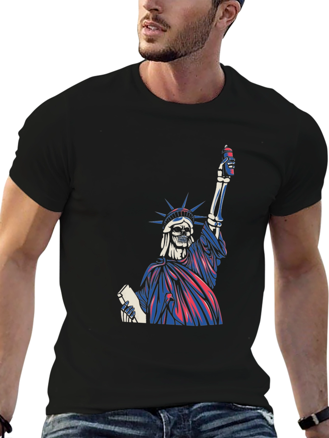 Black Statue of Liberty Skeleton Graphic T-Shirt view 6