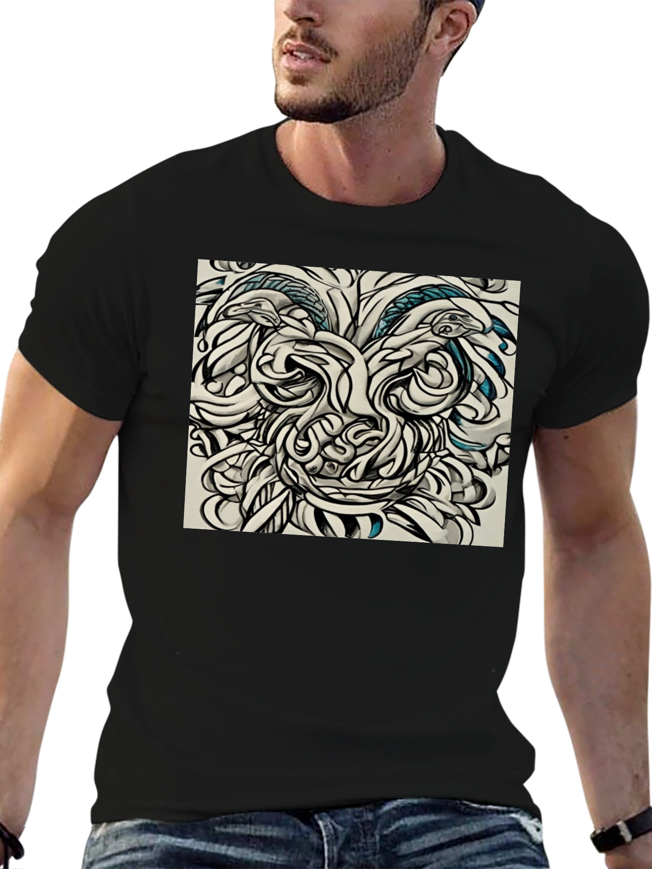 Black Abstract Face Graphic Tee - Black Cotton Comfort view 6