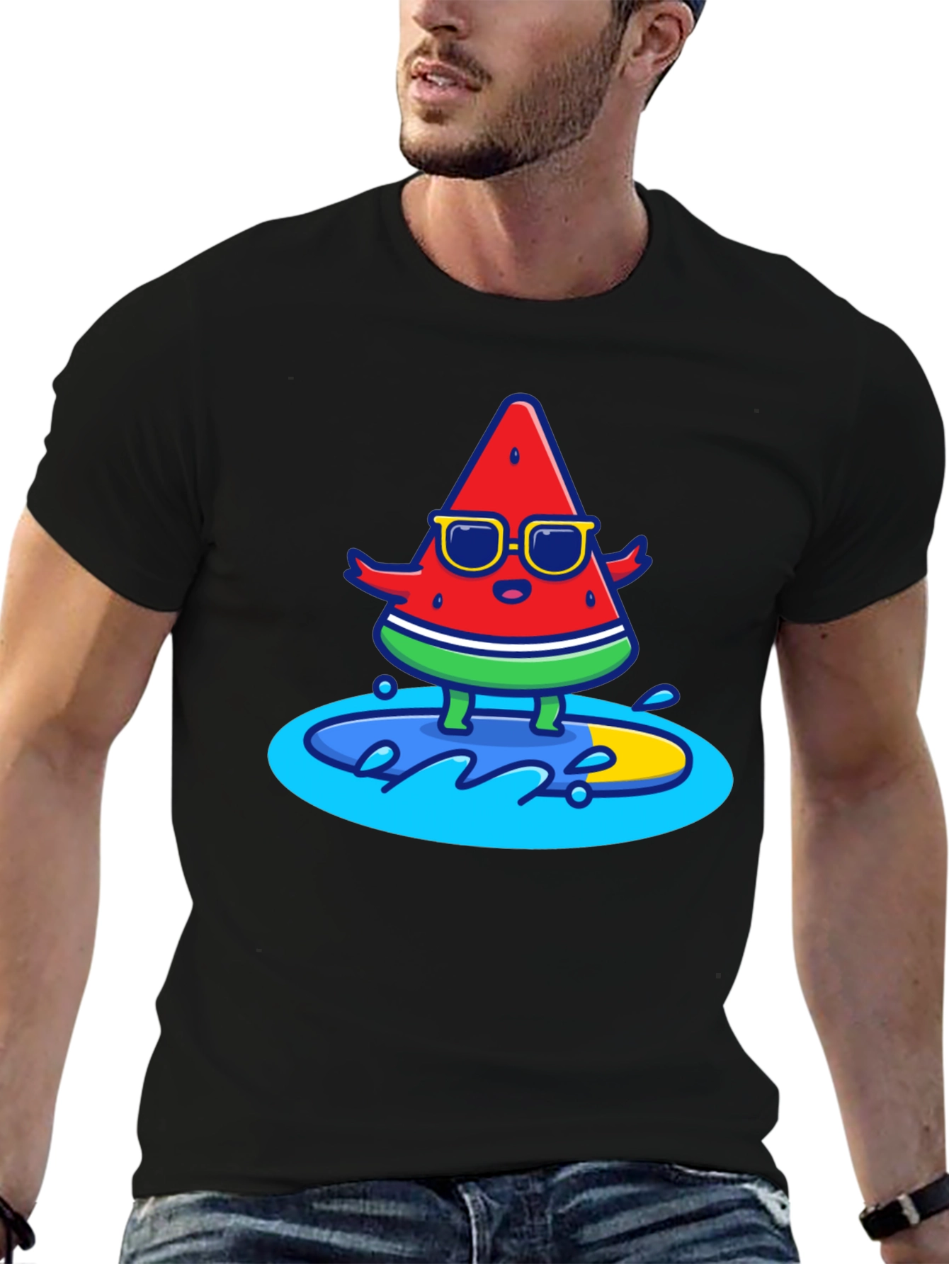 Black Cool Watermelon Surfing Graphic T-Shirt view 6