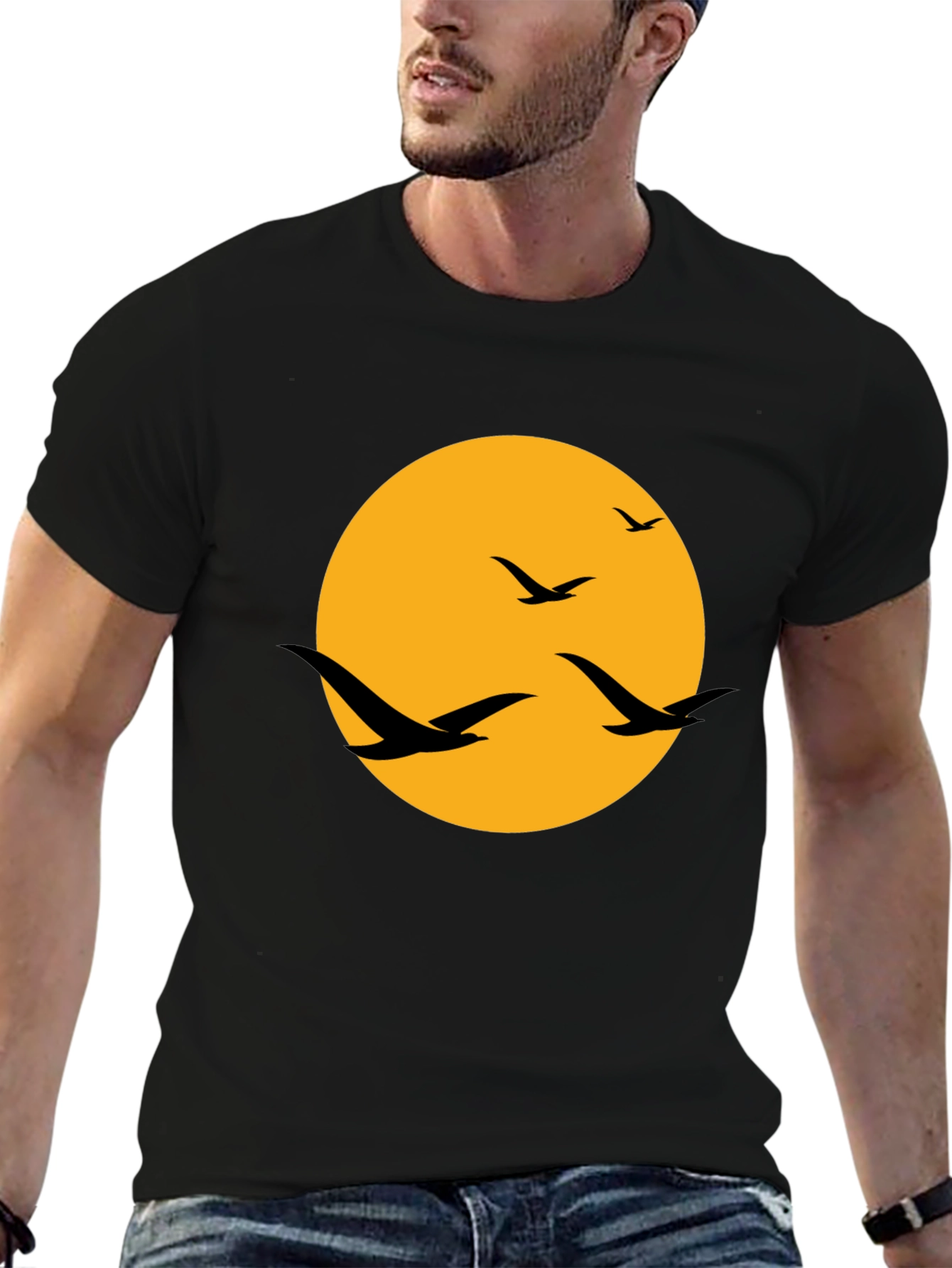 Black Men's Black T-Shirt with Birds and Moon Design view 6