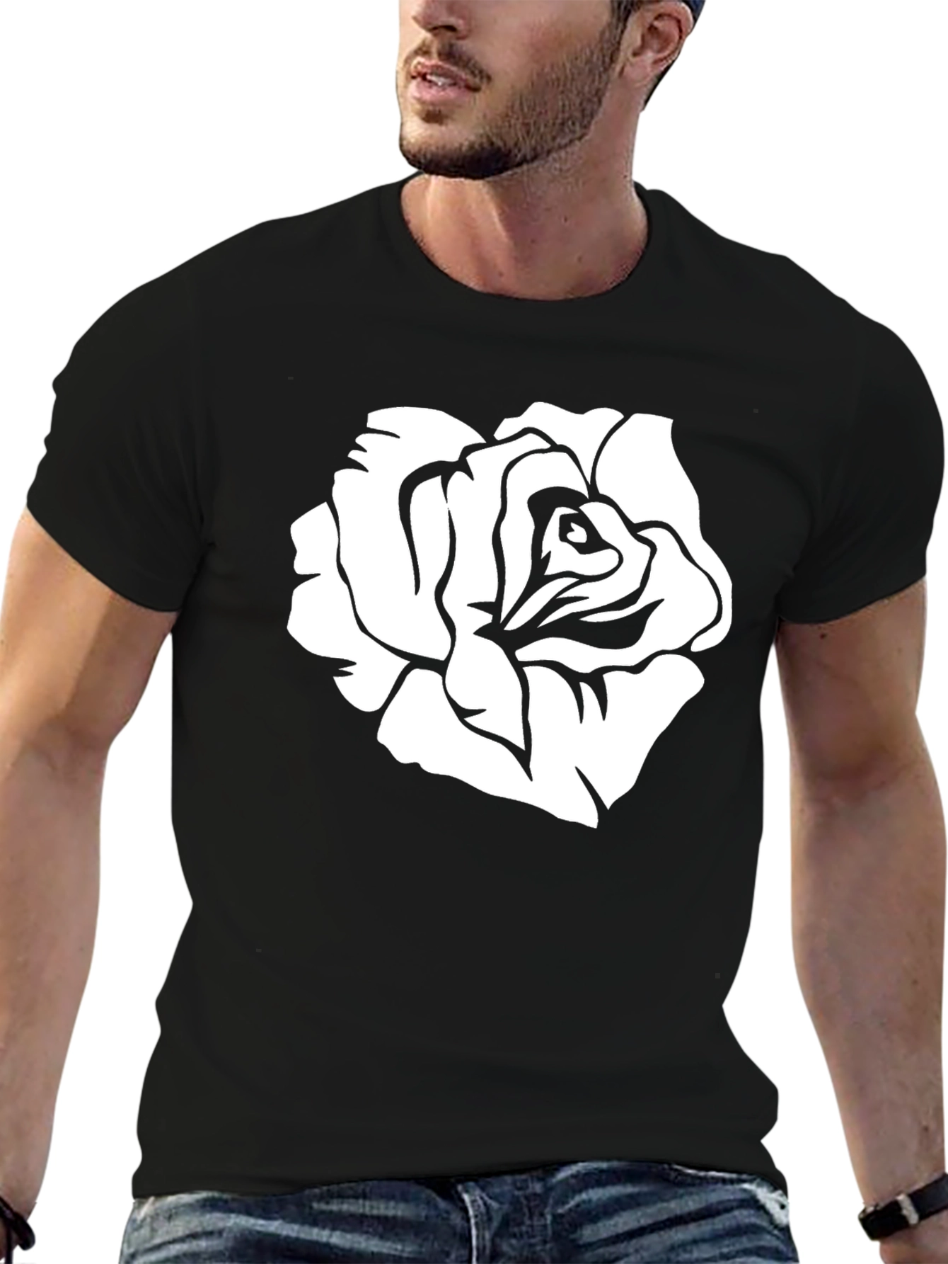 Black Black T-Shirt with White Rose Graphic view 6