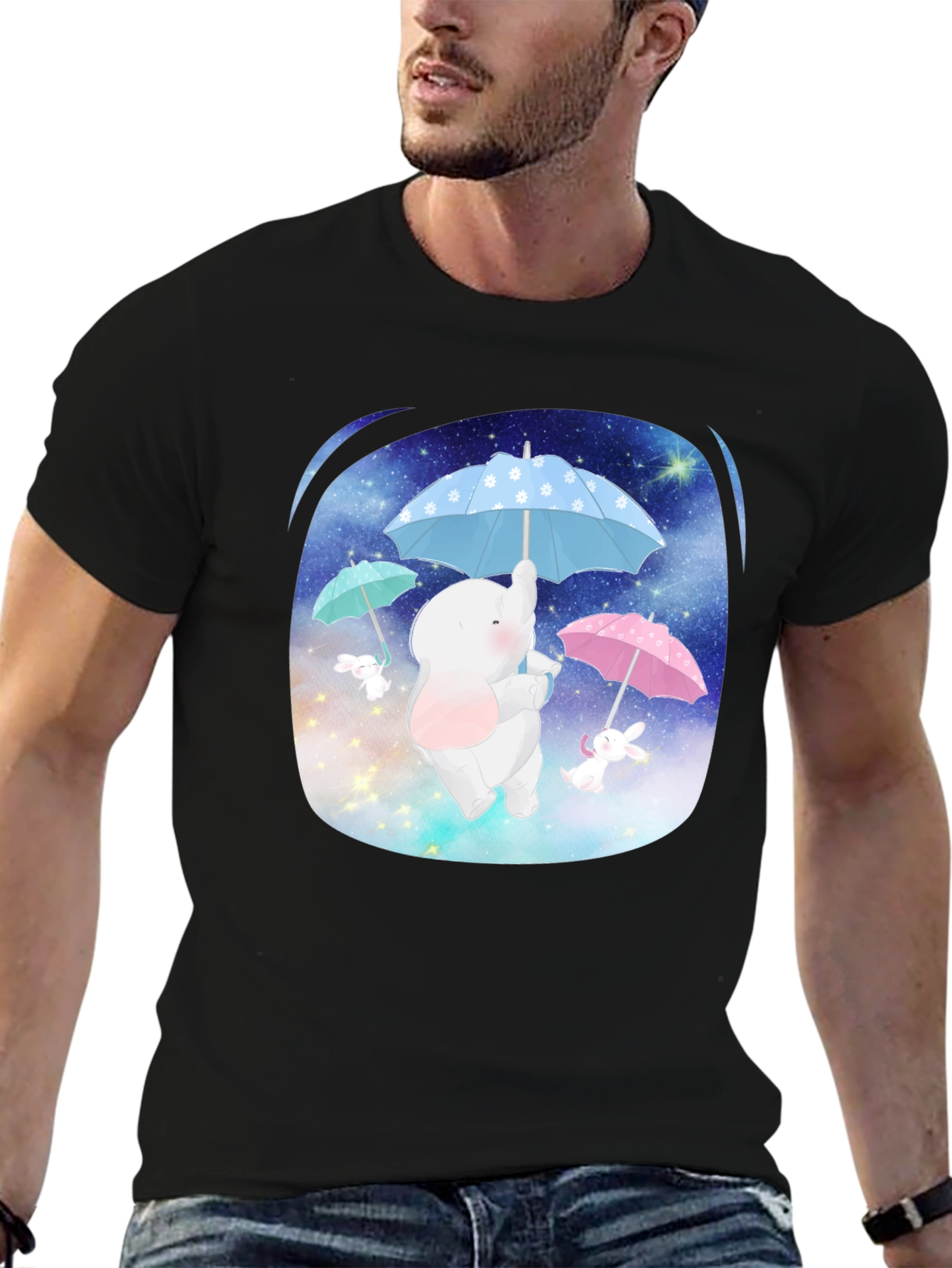 Black Cute Elephant & Bunny Tee - Dreamy Design view 6