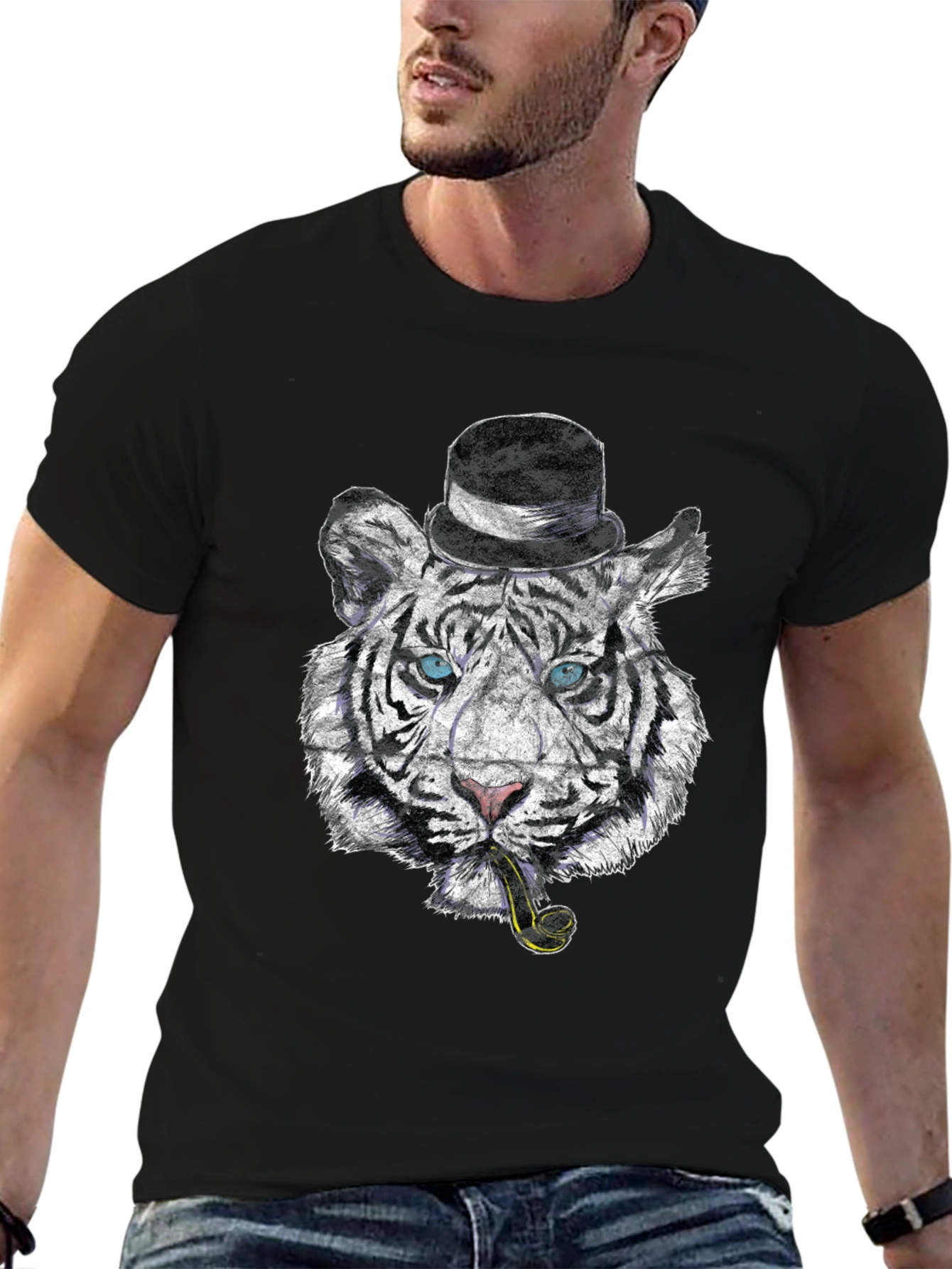 Black Tiger with Hat & Pipe Black Graphic Tee view 6