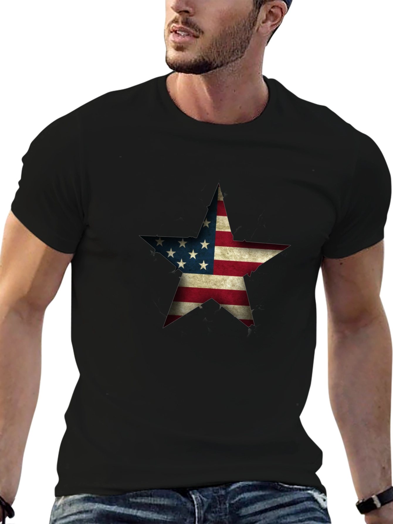 Black USA Flag Star Graphic Black T-Shirt view 6