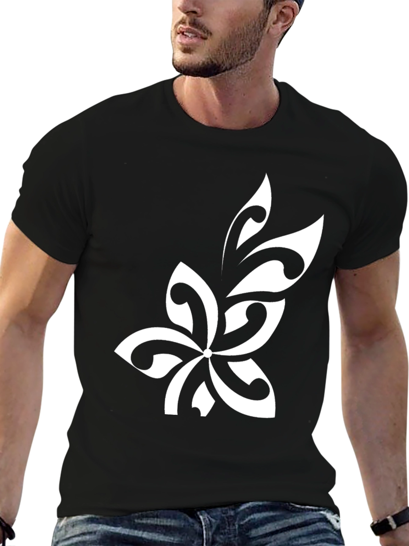 Black Tribal Flower Graphic Tee - Black Cotton Blend view 6