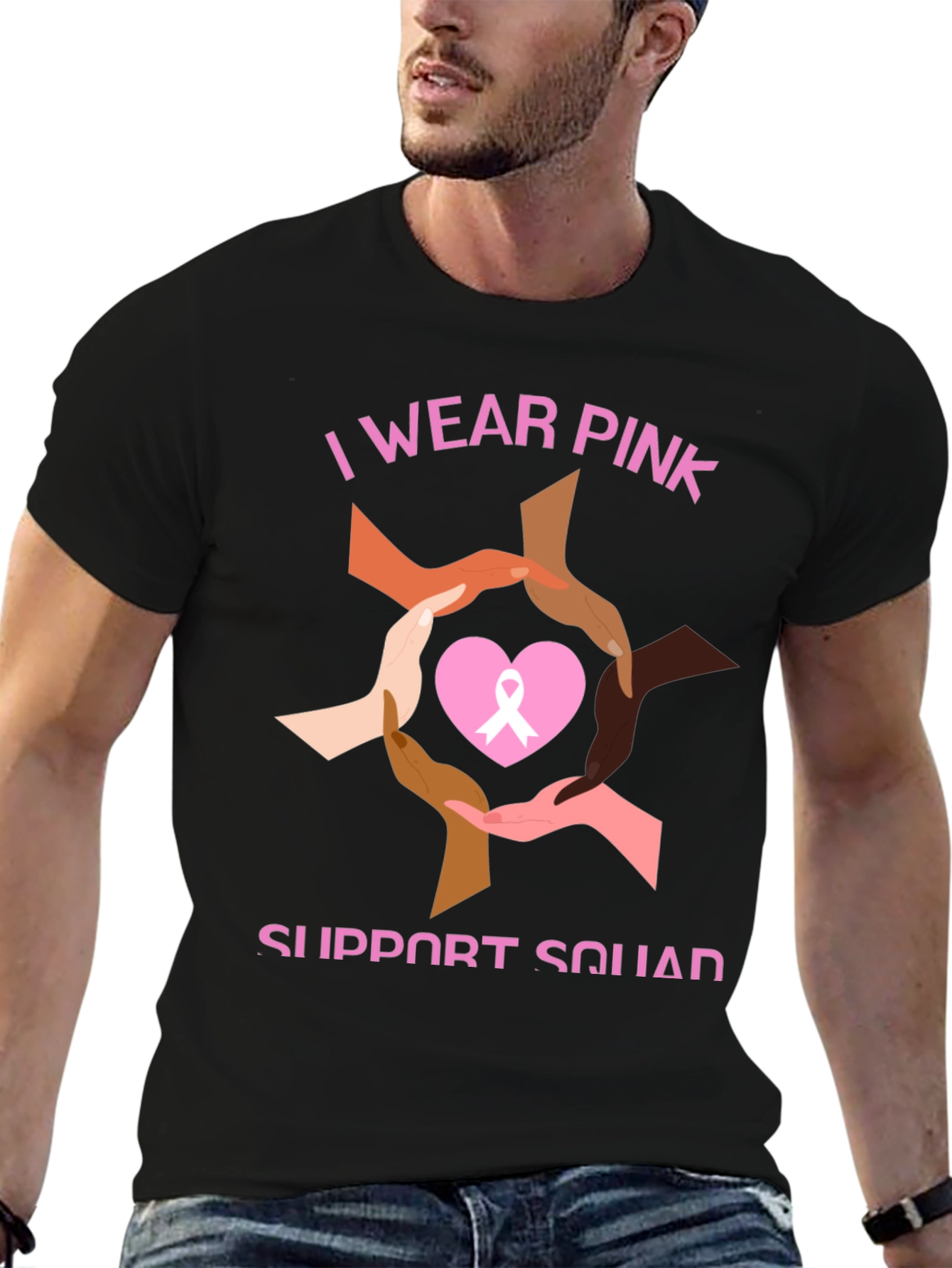 Black I Wear Pink Breast Cancer Support T-Shirt view 6