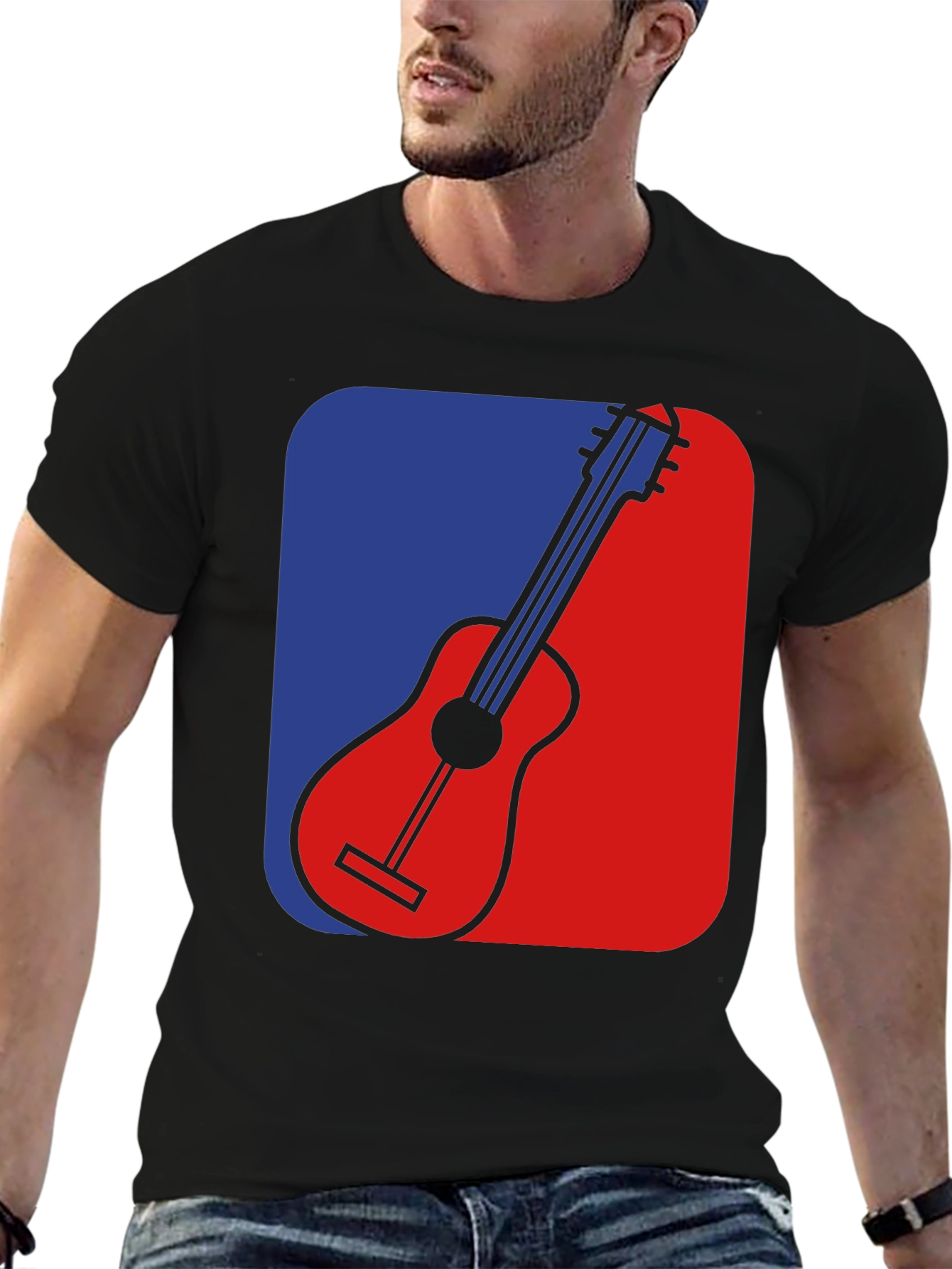 Black Guitar Graphic Tee - Blue & Red Design, Black T-Shirt view 6