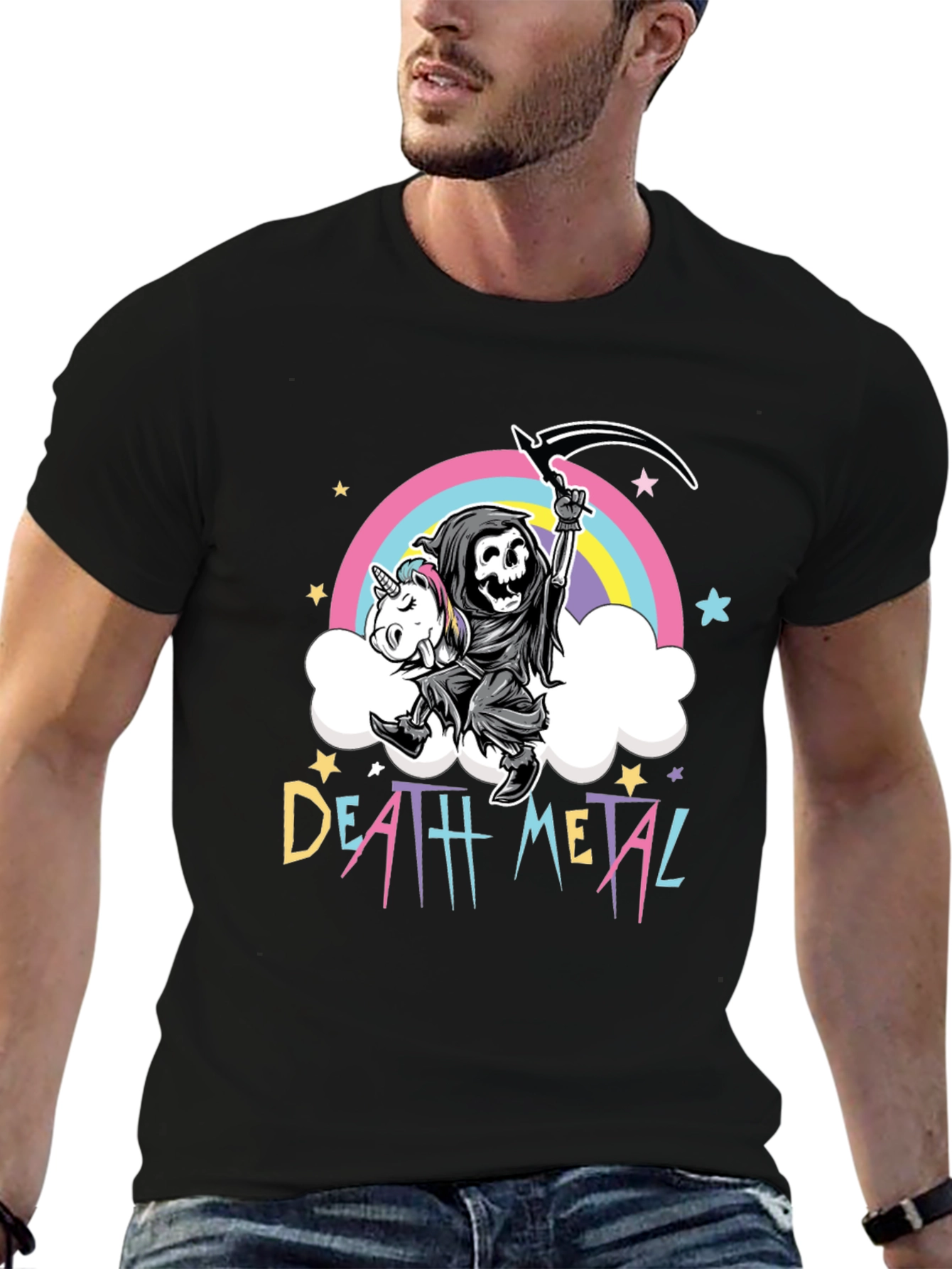 Black Death Metal Grim Reaper Unicorn T-Shirt view 6