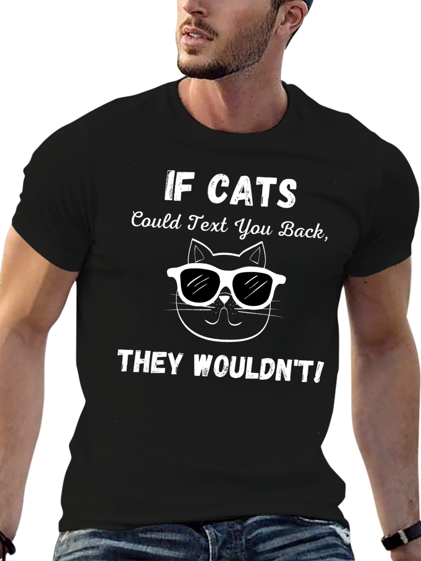 Black Funny "If Cats Could Text" Black T-Shirt view 6
