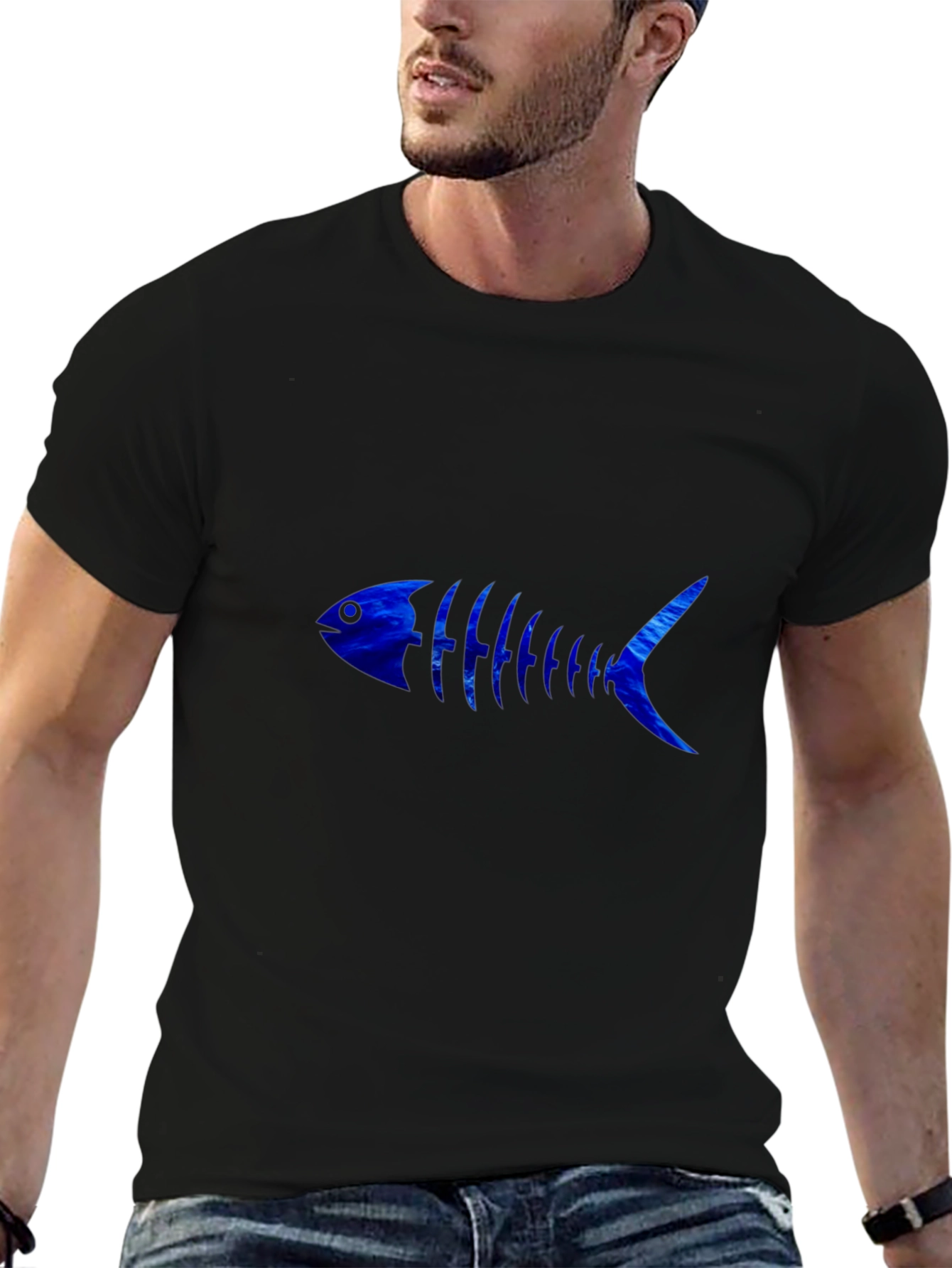 Black Cool Blue Fishbone Graphic Black T-Shirt view 6