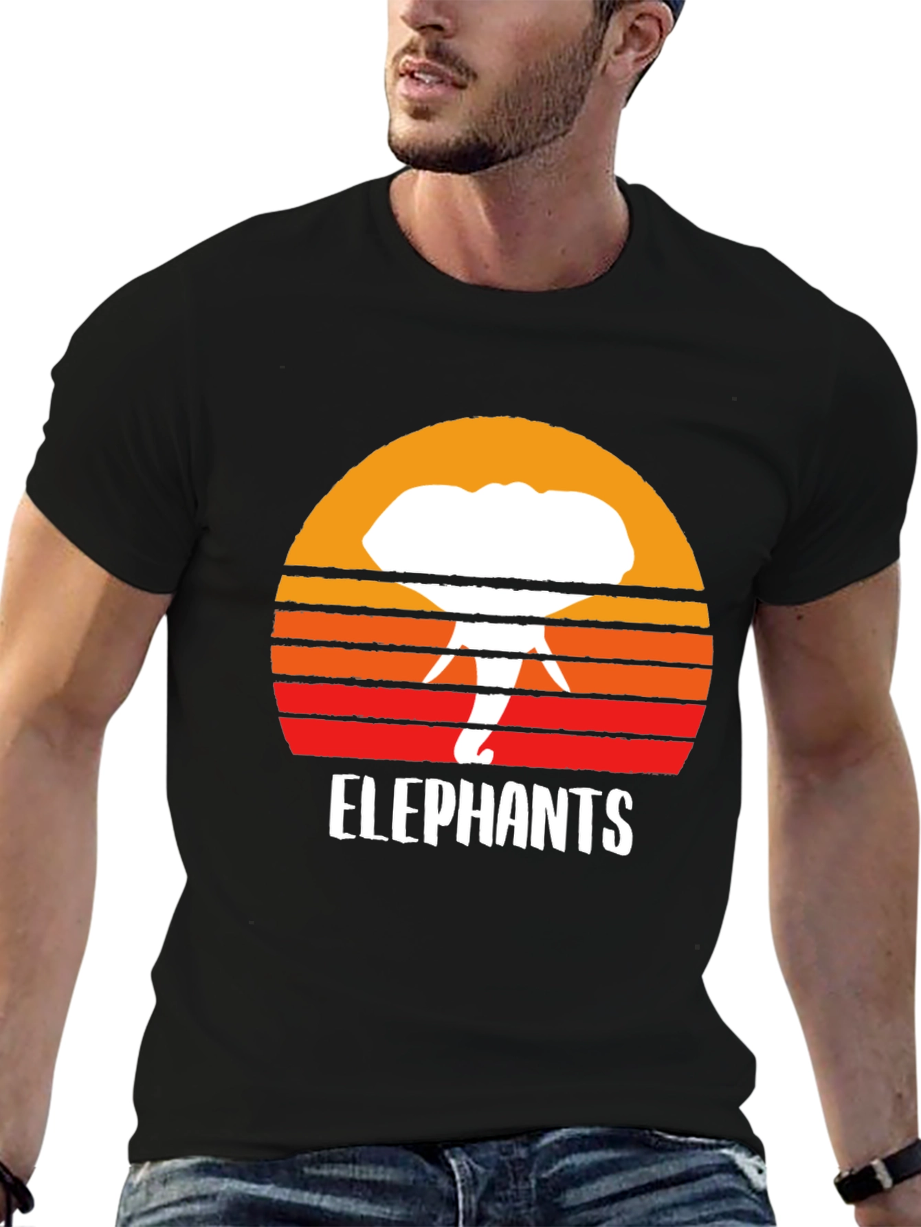 Black Elephant Sunset Graphic Tee - Retro Style Black T-Shirt view 6