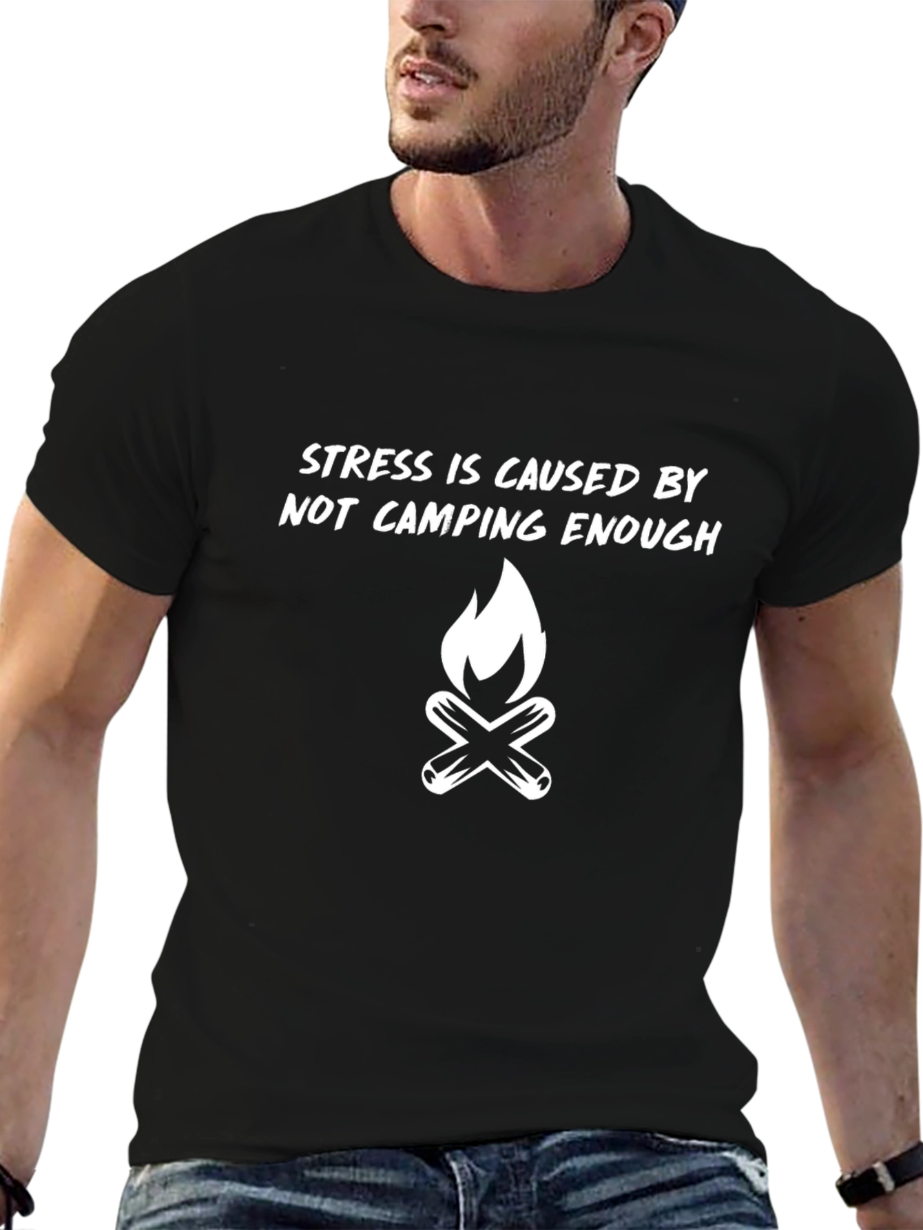 Black Camping T-Shirt: Stress is Caused by Not Camping Enough view 6