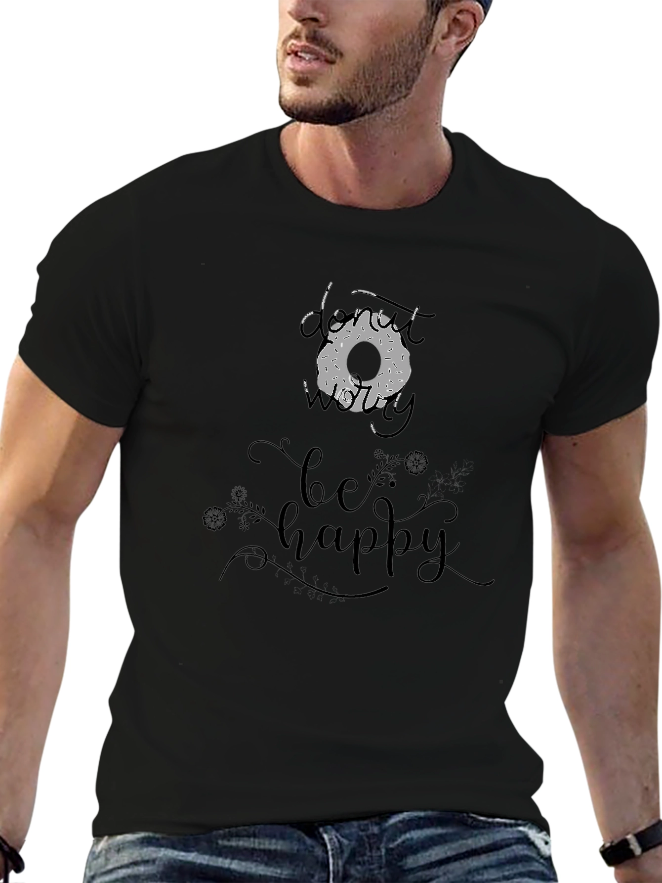 Black Donut Worry Be Happy Graphic T-Shirt view 6