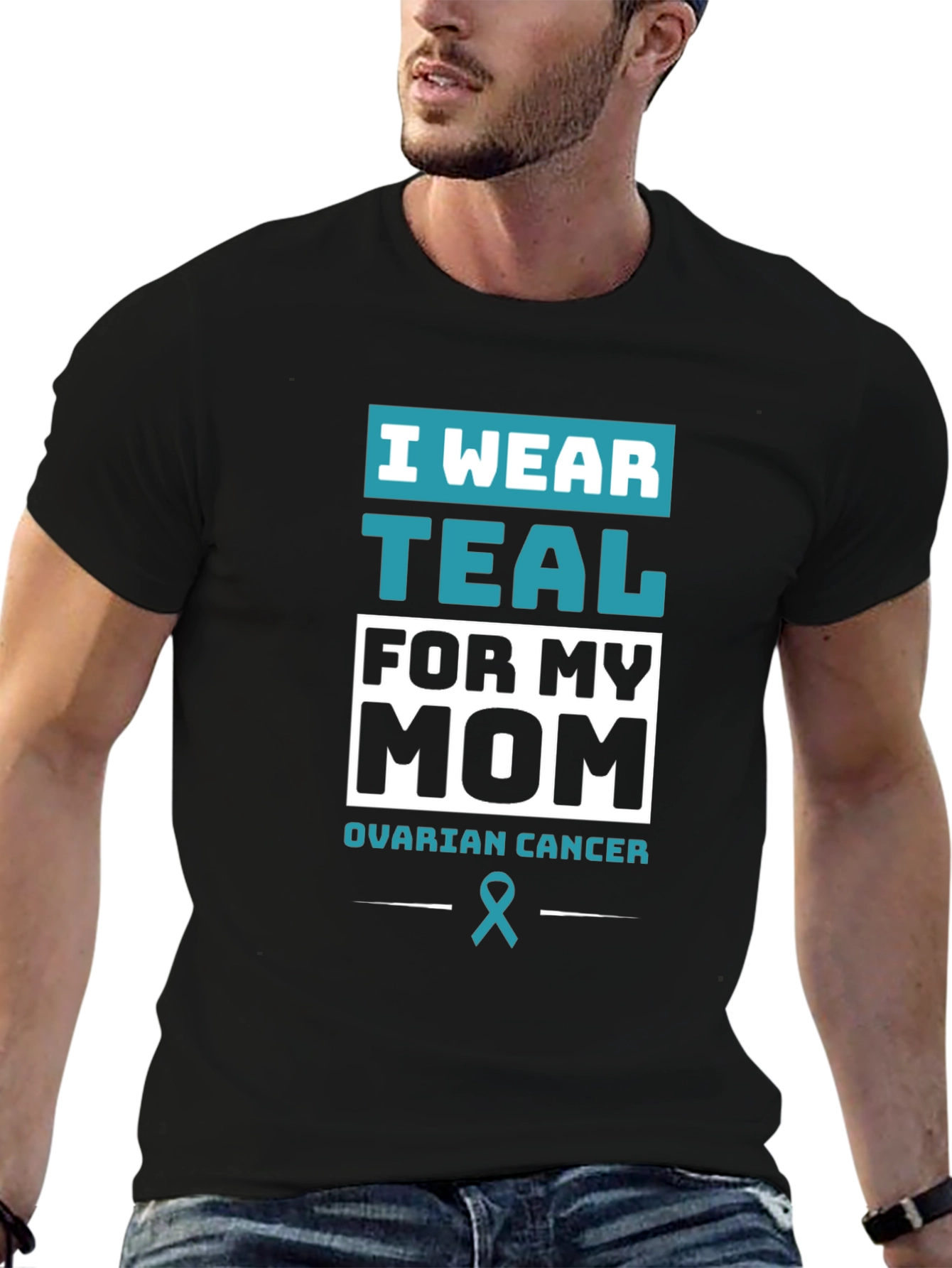 Black Teal Ribbon Ovarian Cancer Awareness T-Shirt view 6