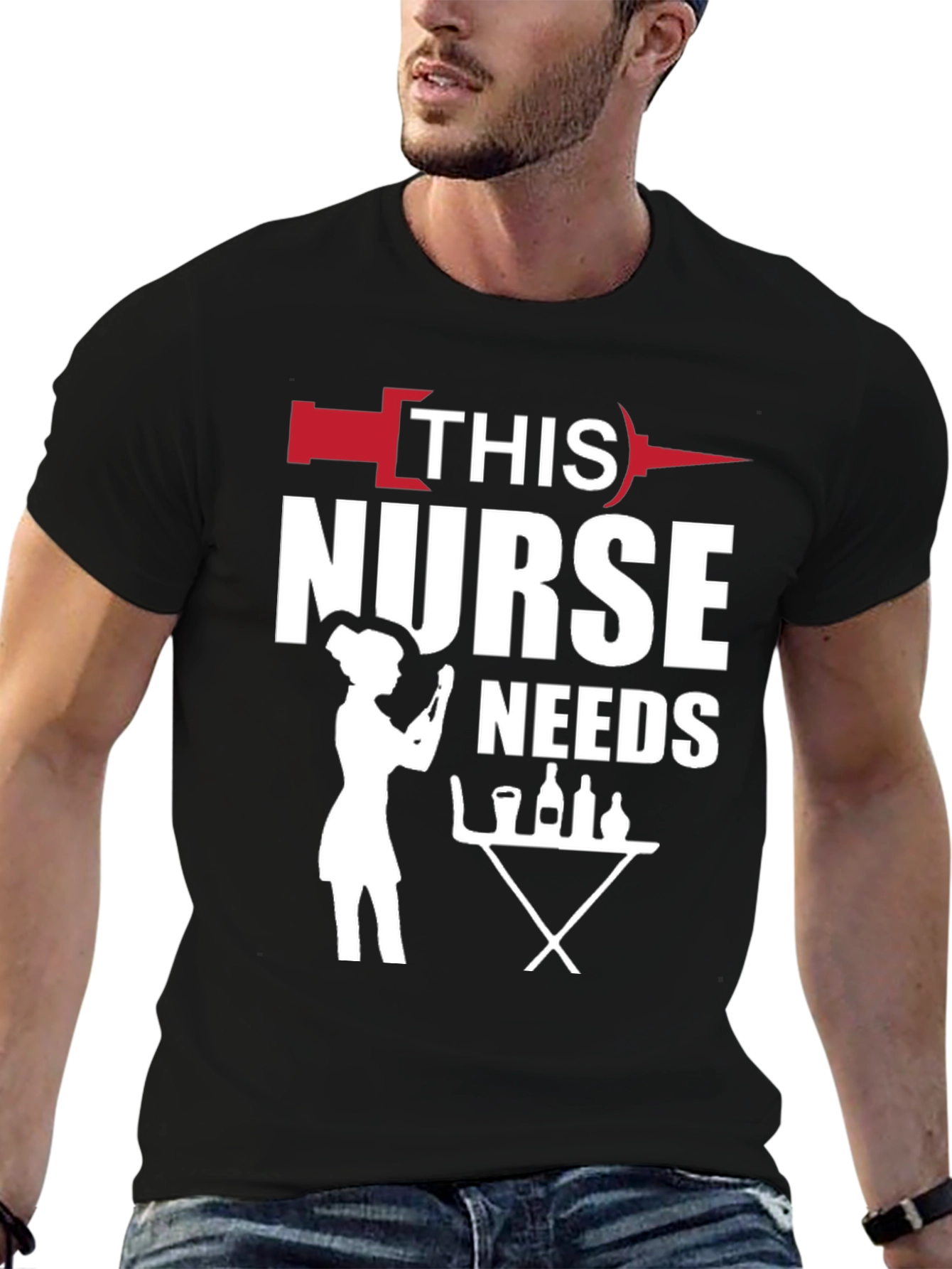 Black Humorous Nurse Needs Wine T-Shirt - Black view 6